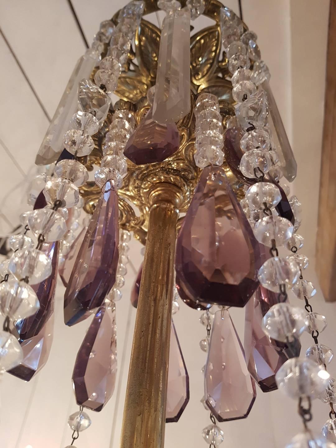 French Chandelier Made of Brass and Decorated with Colored Crystals For Sale 10