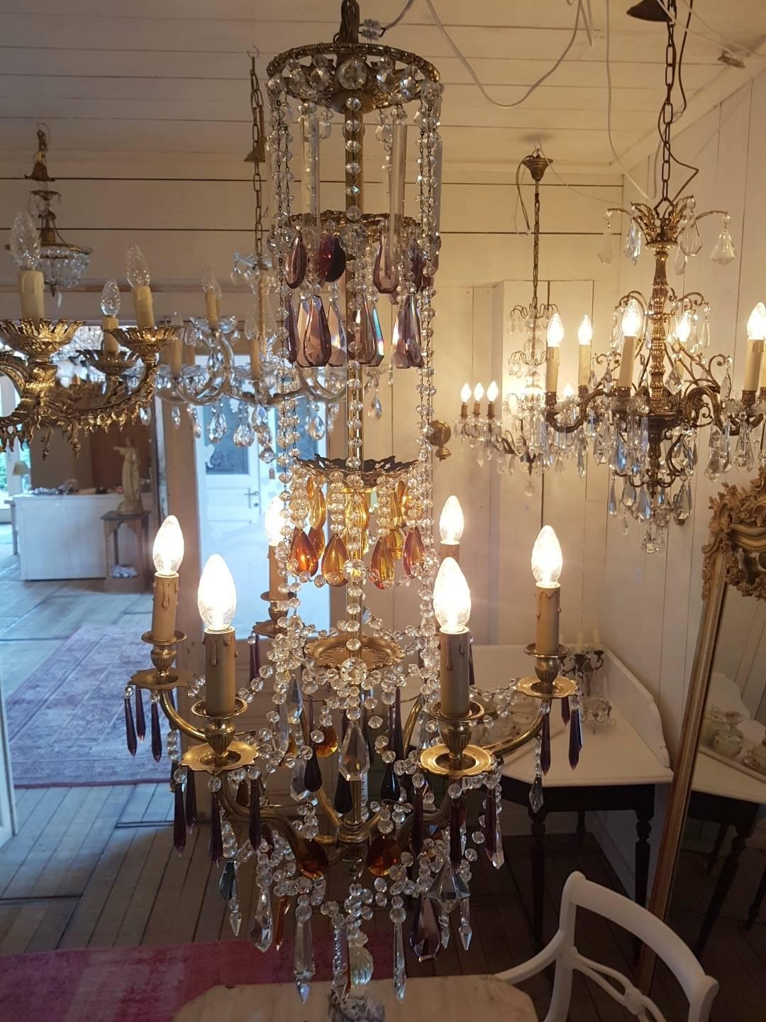 French Chandelier Made of Brass and Decorated with Colored Crystals In Good Condition For Sale In Oldebroek, NL