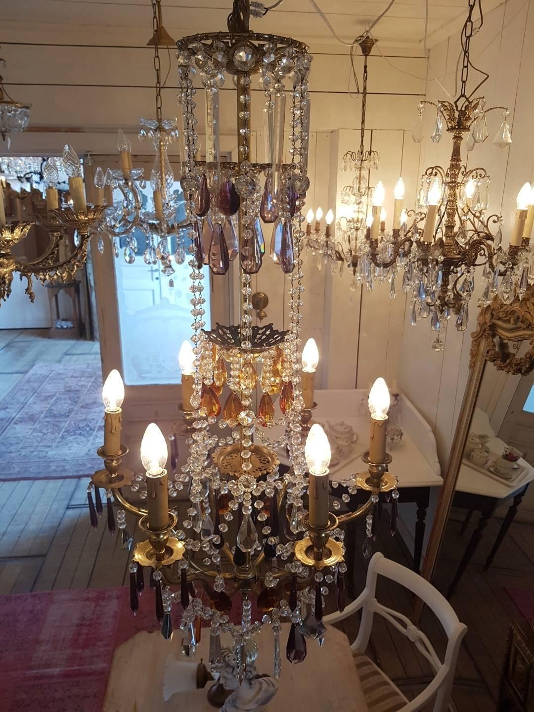 20th Century French Chandelier Made of Brass and Decorated with Colored Crystals For Sale