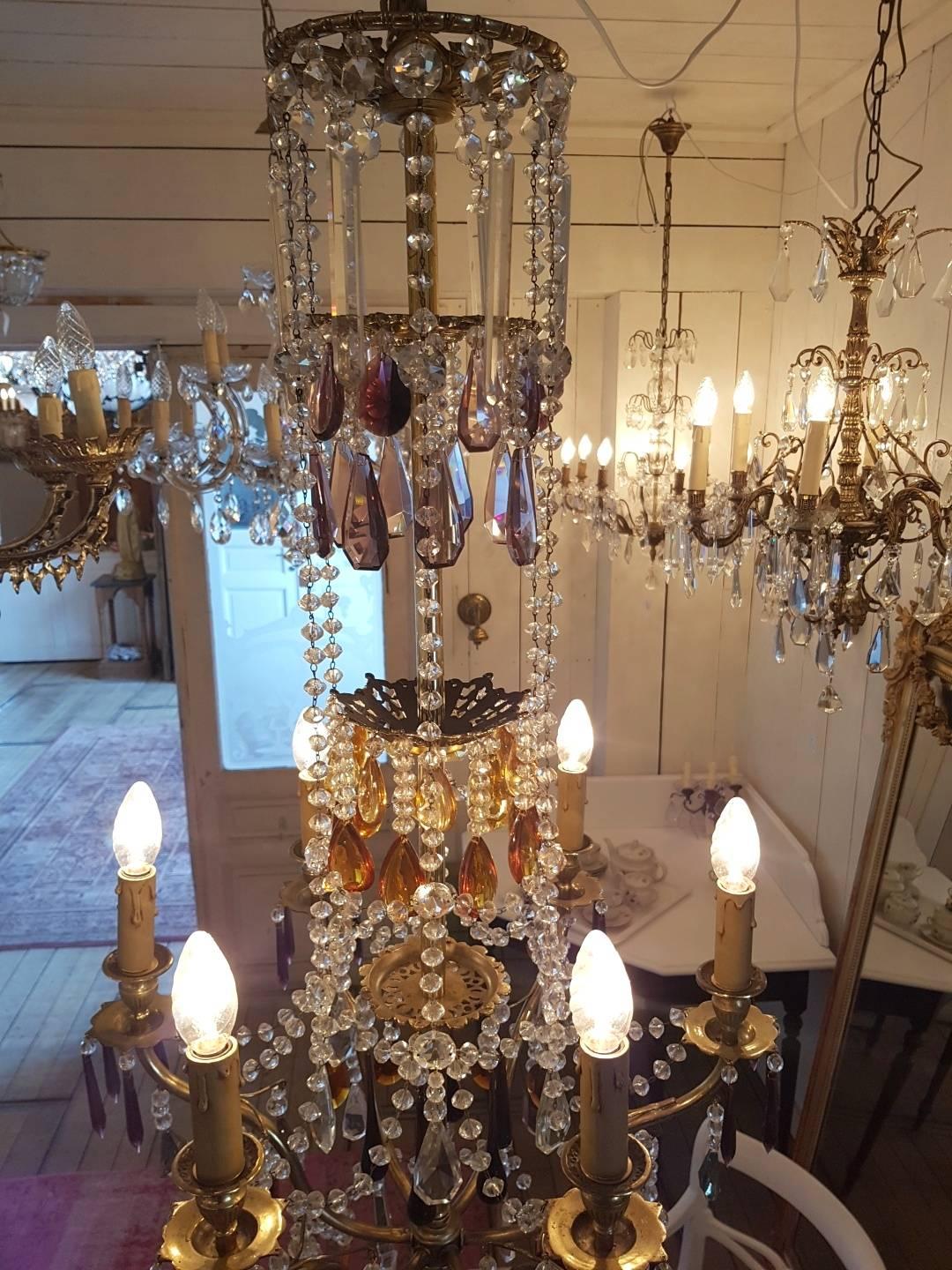 French Chandelier Made of Brass and Decorated with Colored Crystals For Sale 1