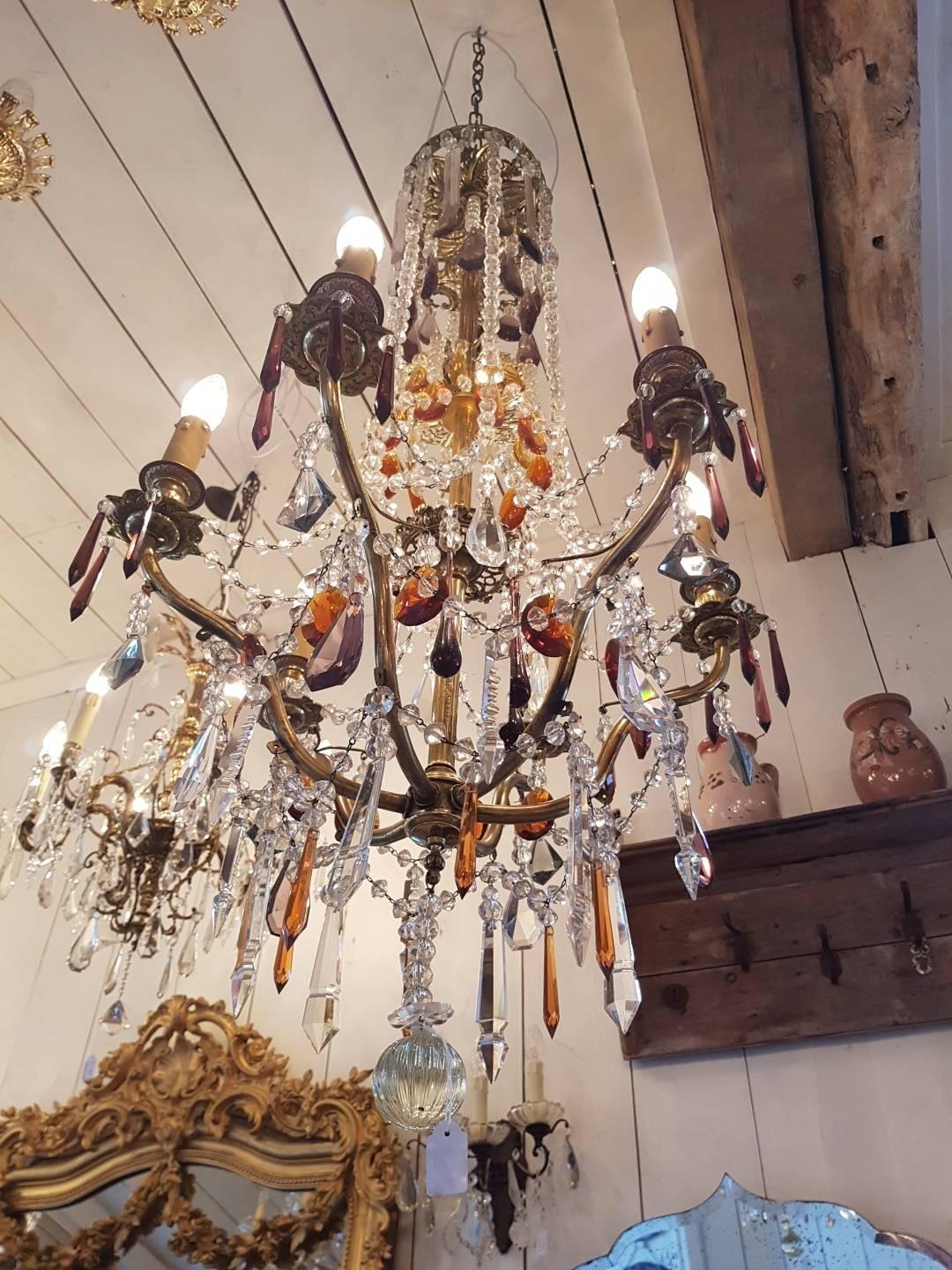 French Chandelier Made of Brass and Decorated with Colored Crystals For Sale 2