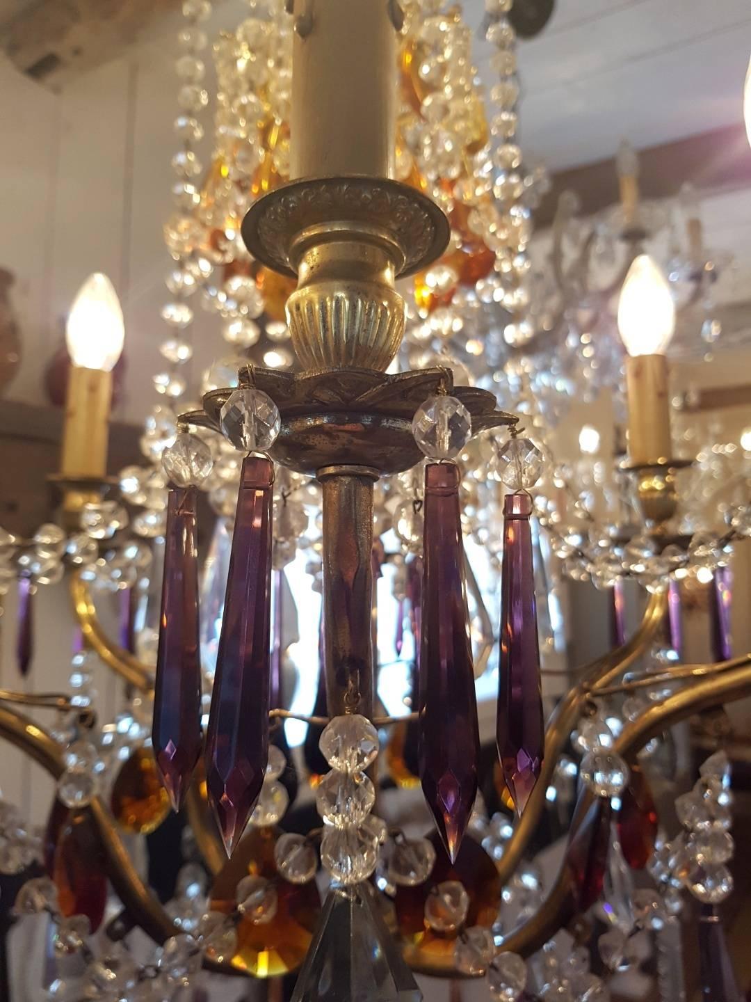 French Chandelier Made of Brass and Decorated with Colored Crystals For Sale 3