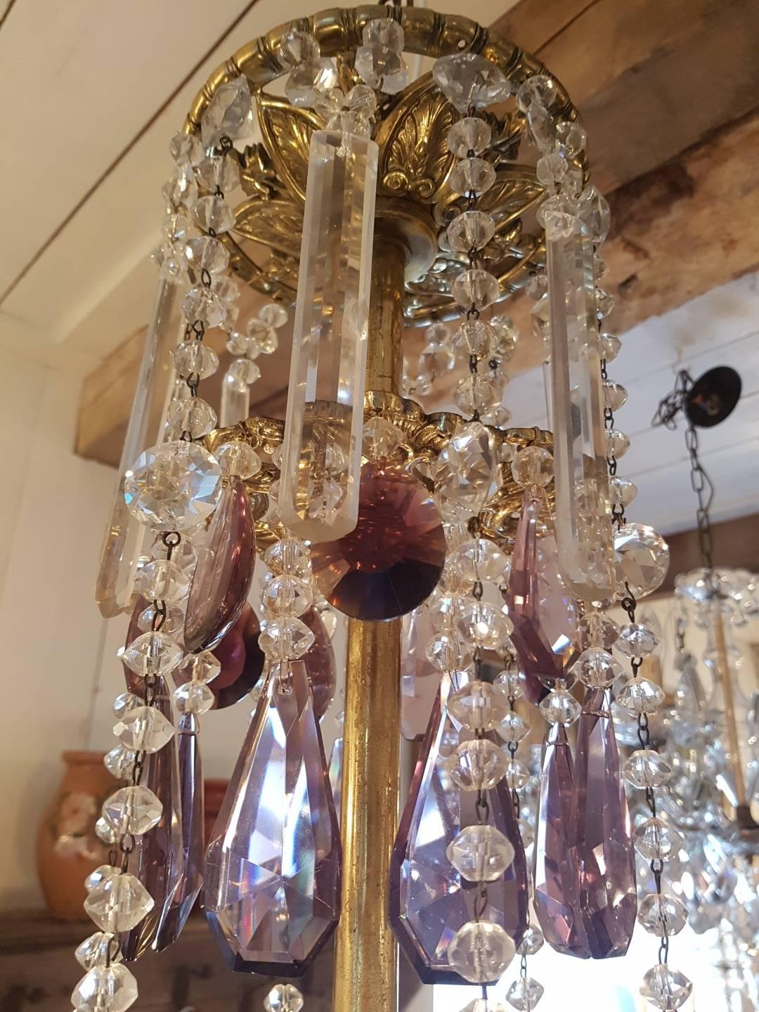 French Chandelier Made of Brass and Decorated with Colored Crystals For Sale 4