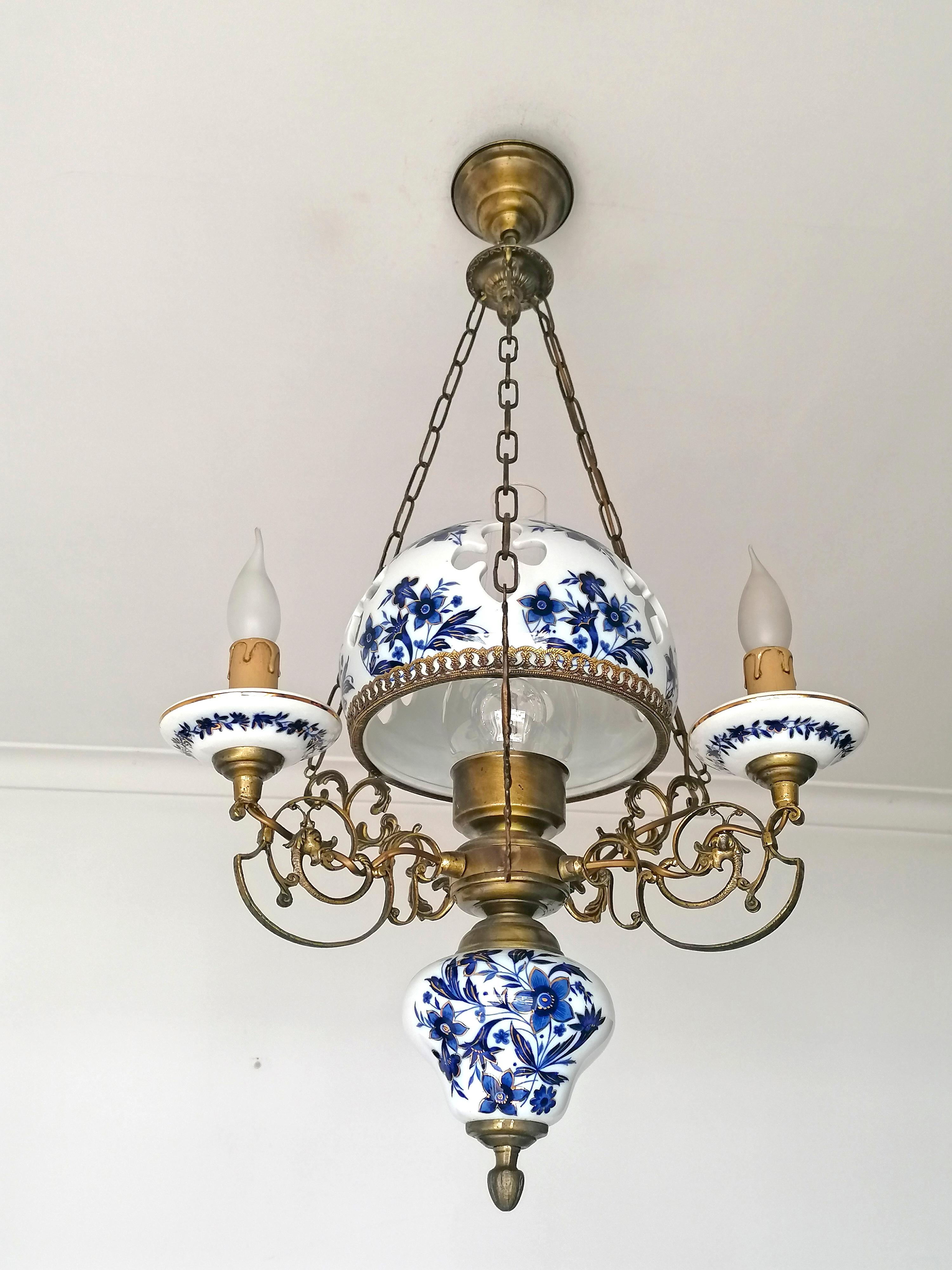 Delft Style French Chandelier Oil Lamp Blue & Gold Hand Painted Carved Porcelain 6