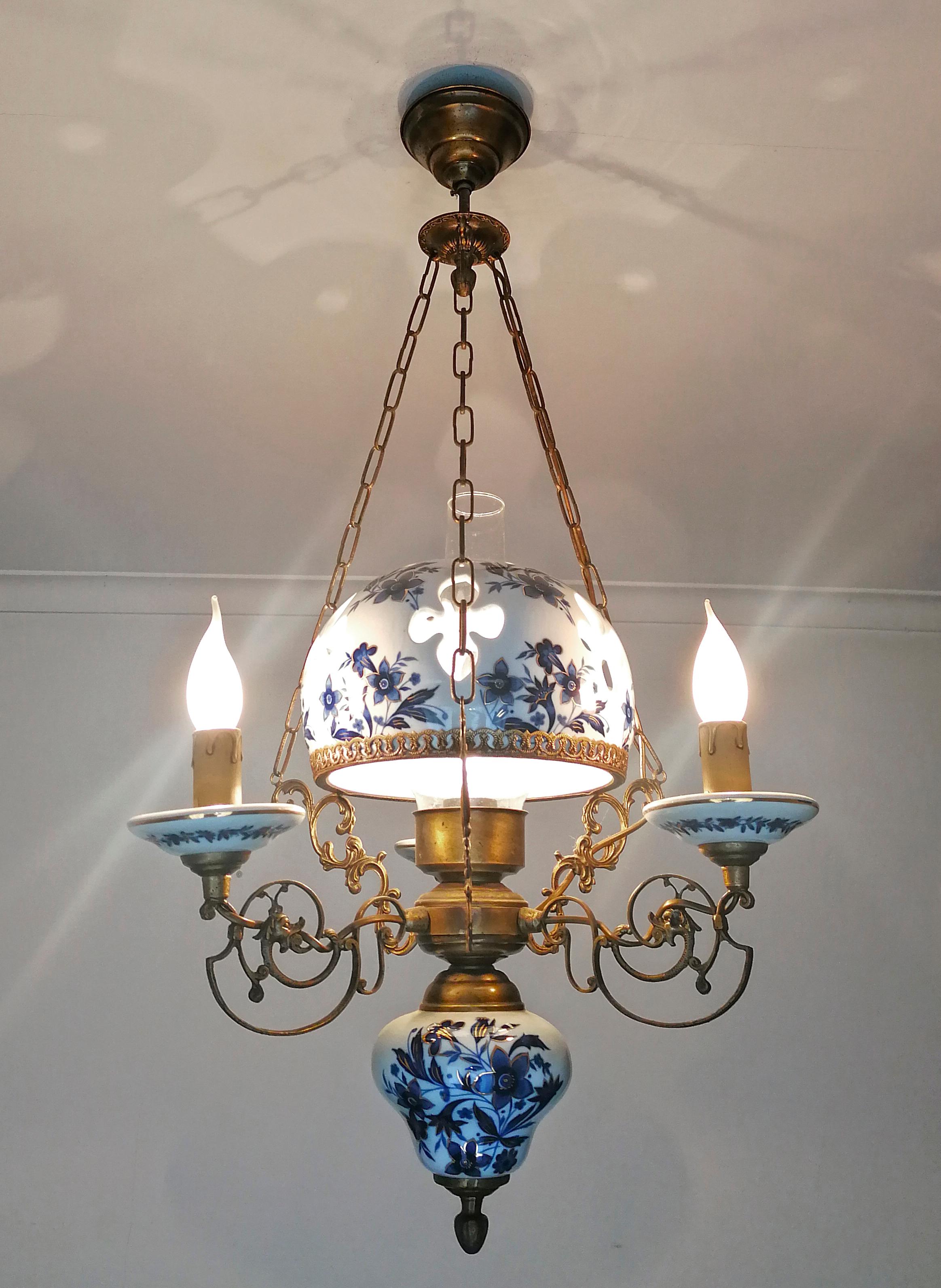 Delft Style French Chandelier Oil Lamp Blue & Gold Hand Painted Carved Porcelain 4