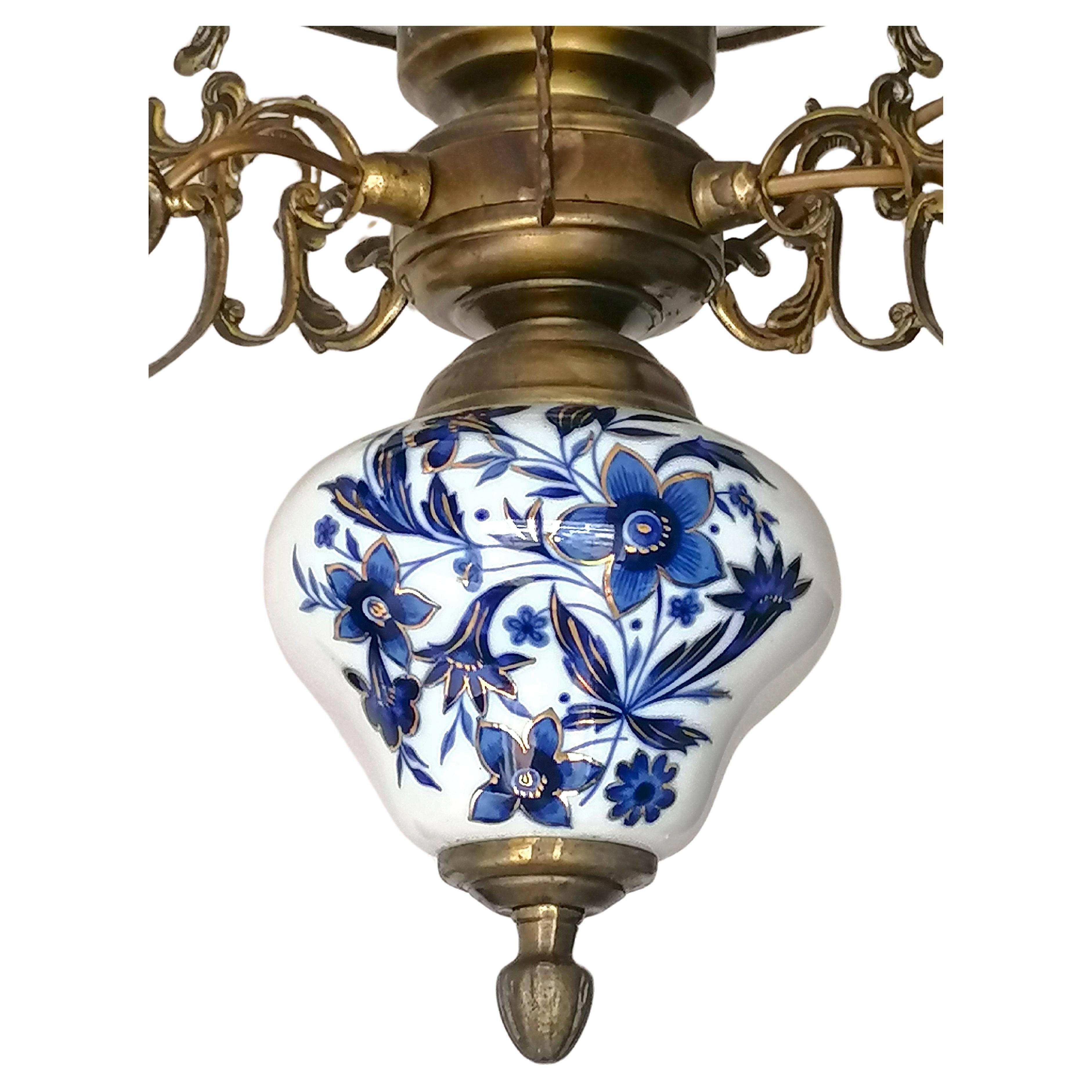 20th Century Delft Style French Chandelier Oil Lamp Blue & Gold Hand Painted Carved Porcelain