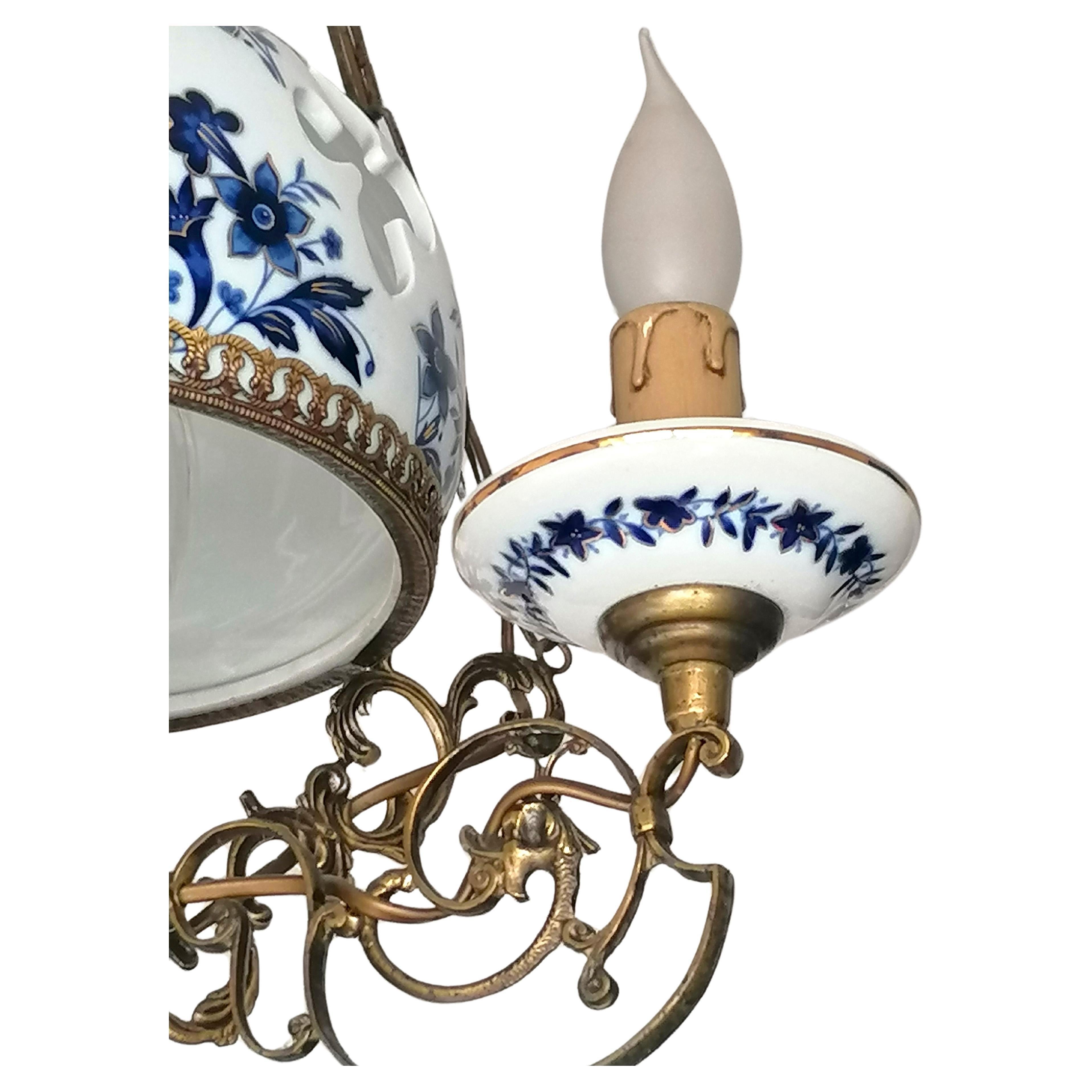 Delft Style French Chandelier Oil Lamp Blue & Gold Hand Painted Carved Porcelain 2
