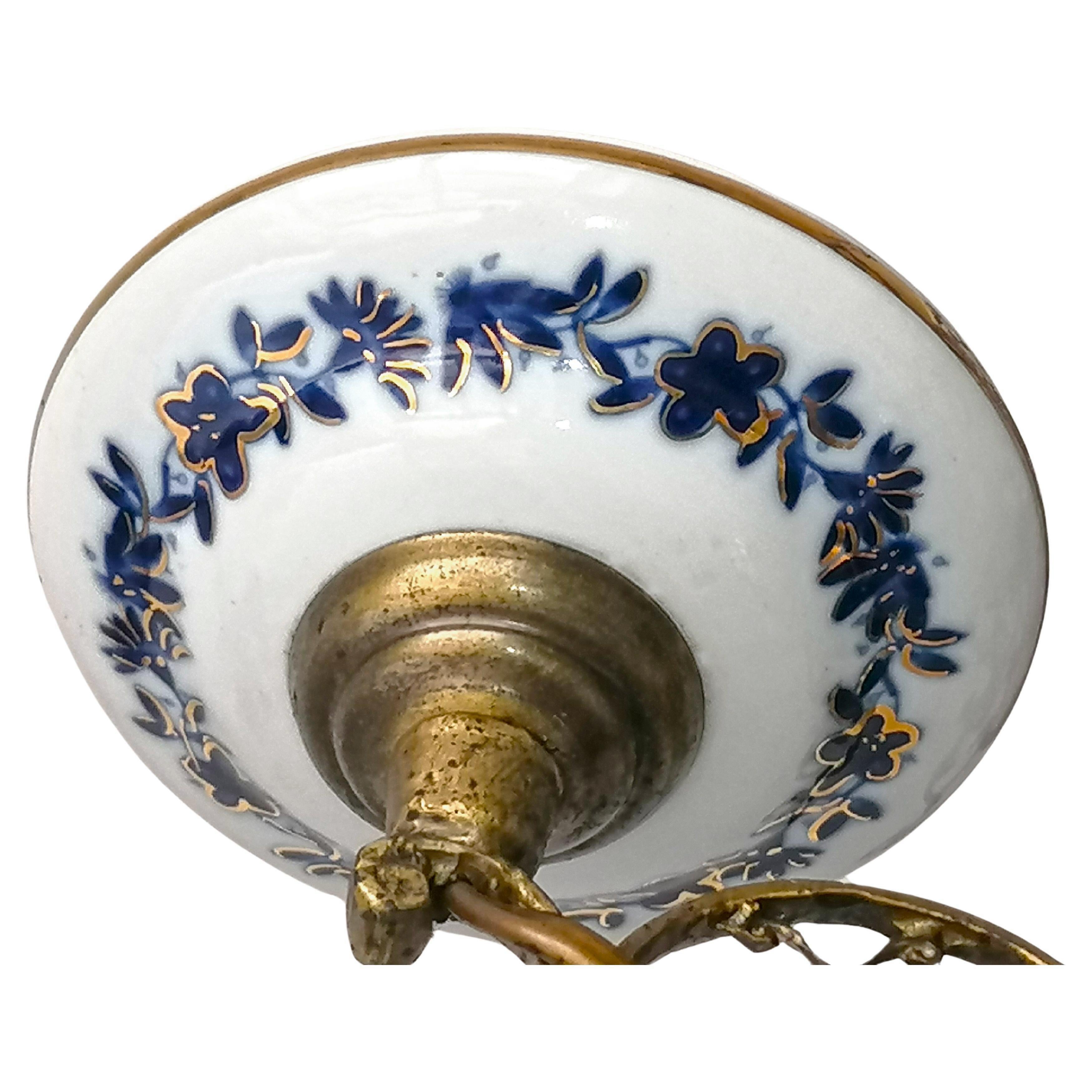 Delft Style French Chandelier Oil Lamp Blue & Gold Hand Painted Carved Porcelain 3