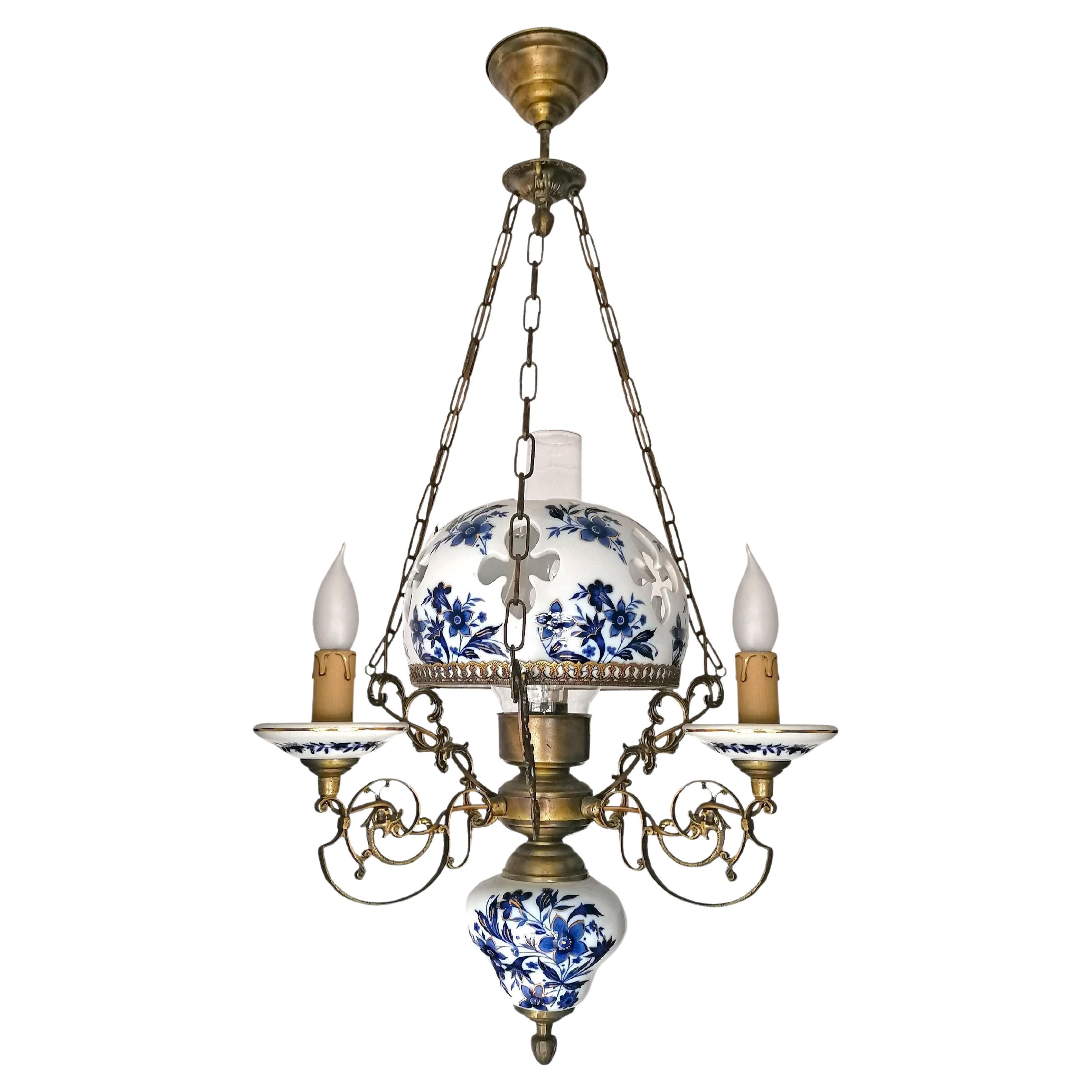 Country Delft Style French Chandelier Oil Lamp Blue & Gold Hand Painted Carved Porcelain