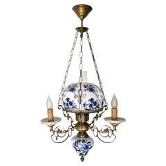 Delft Style French Chandelier Oil Lamp Blue & Gold Hand Painted Carved Porcelain