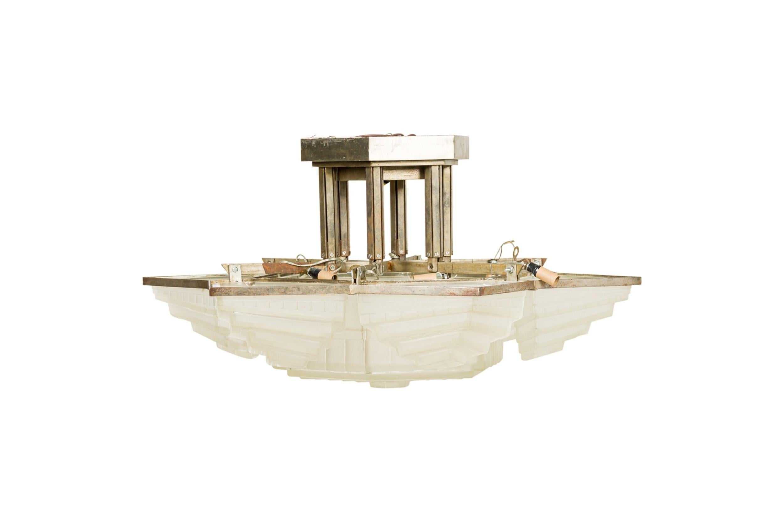 Art Deco French chandelier w/ 6 shades & a large centered 6-sided geometric frosted shade For Sale
