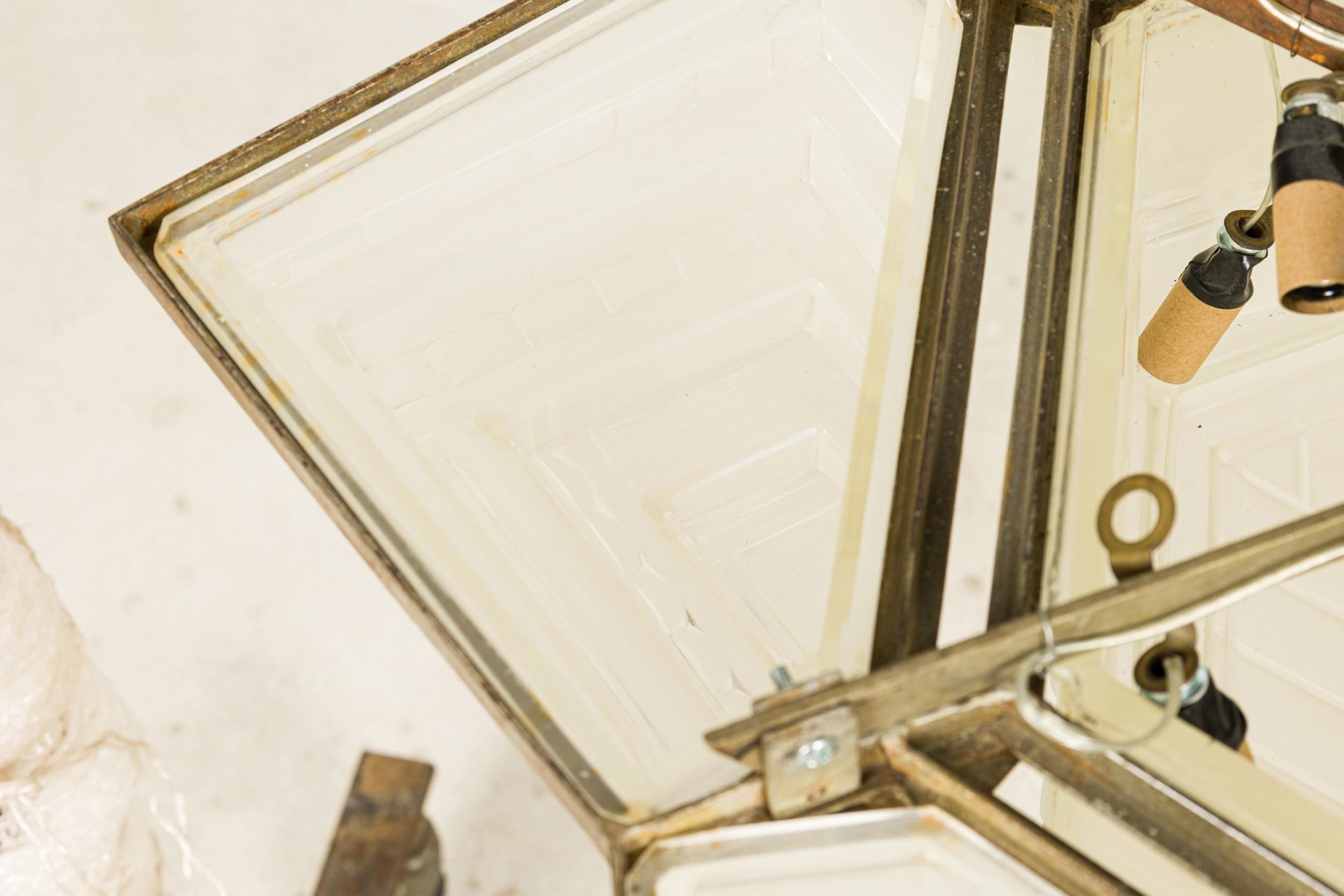 20th Century French chandelier w/ 6 shades & a large centered 6-sided geometric frosted shade For Sale