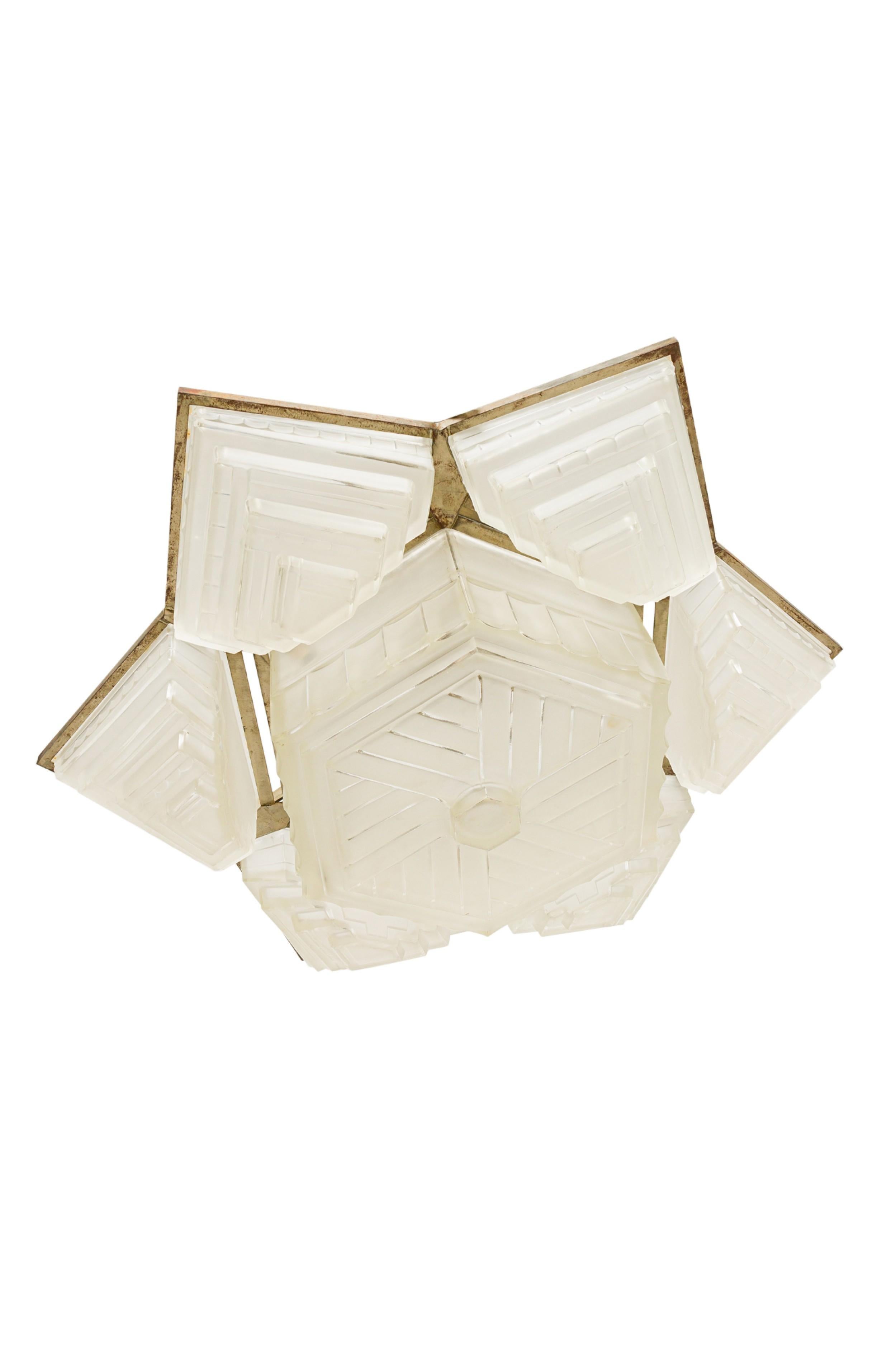 French chandelier w/ 6 shades & a large centered 6-sided geometric frosted shade For Sale 1