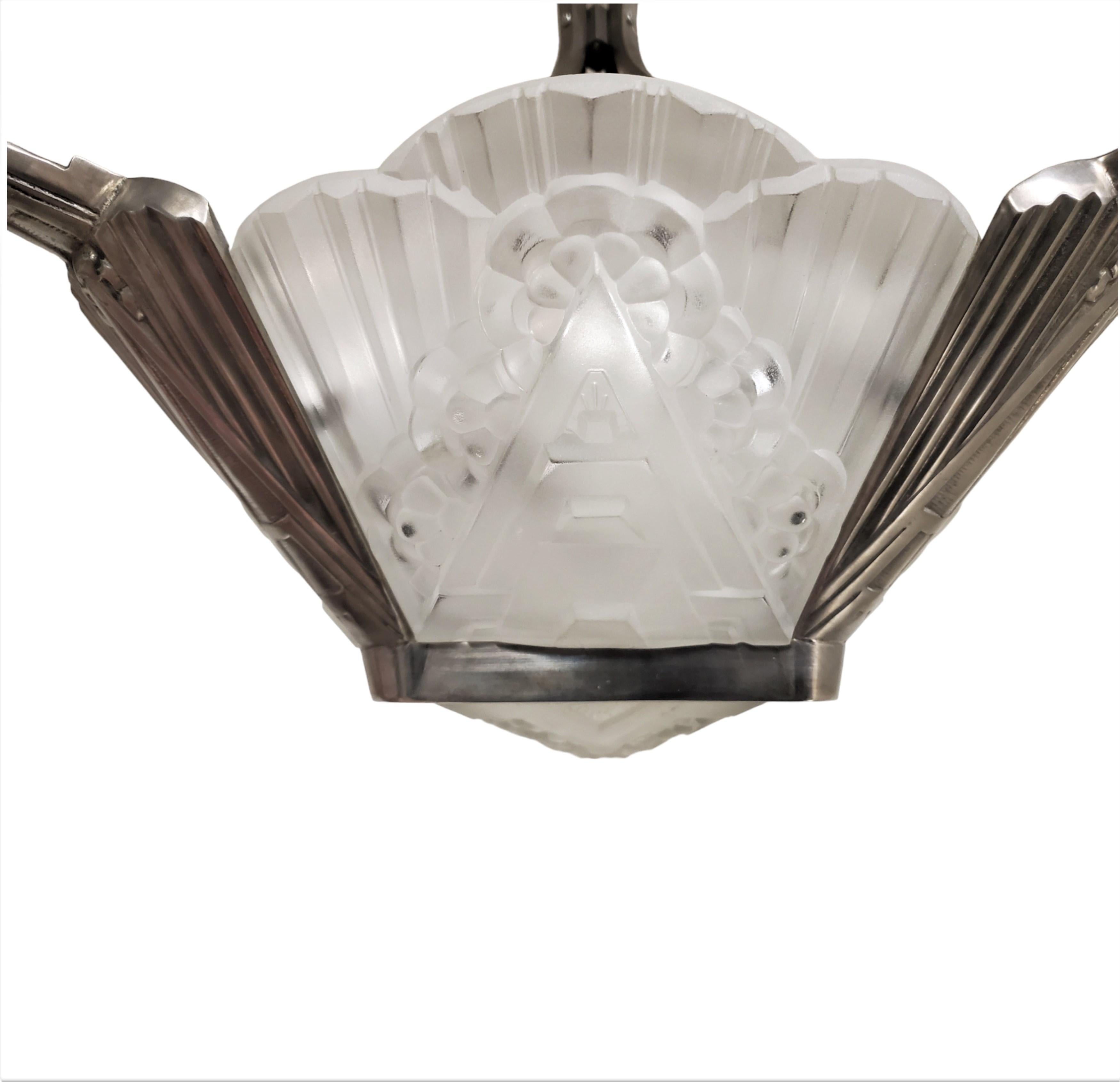 French Chandelier w/ frosted art glass panels + nickeled bronze frame J. Robert  For Sale 3