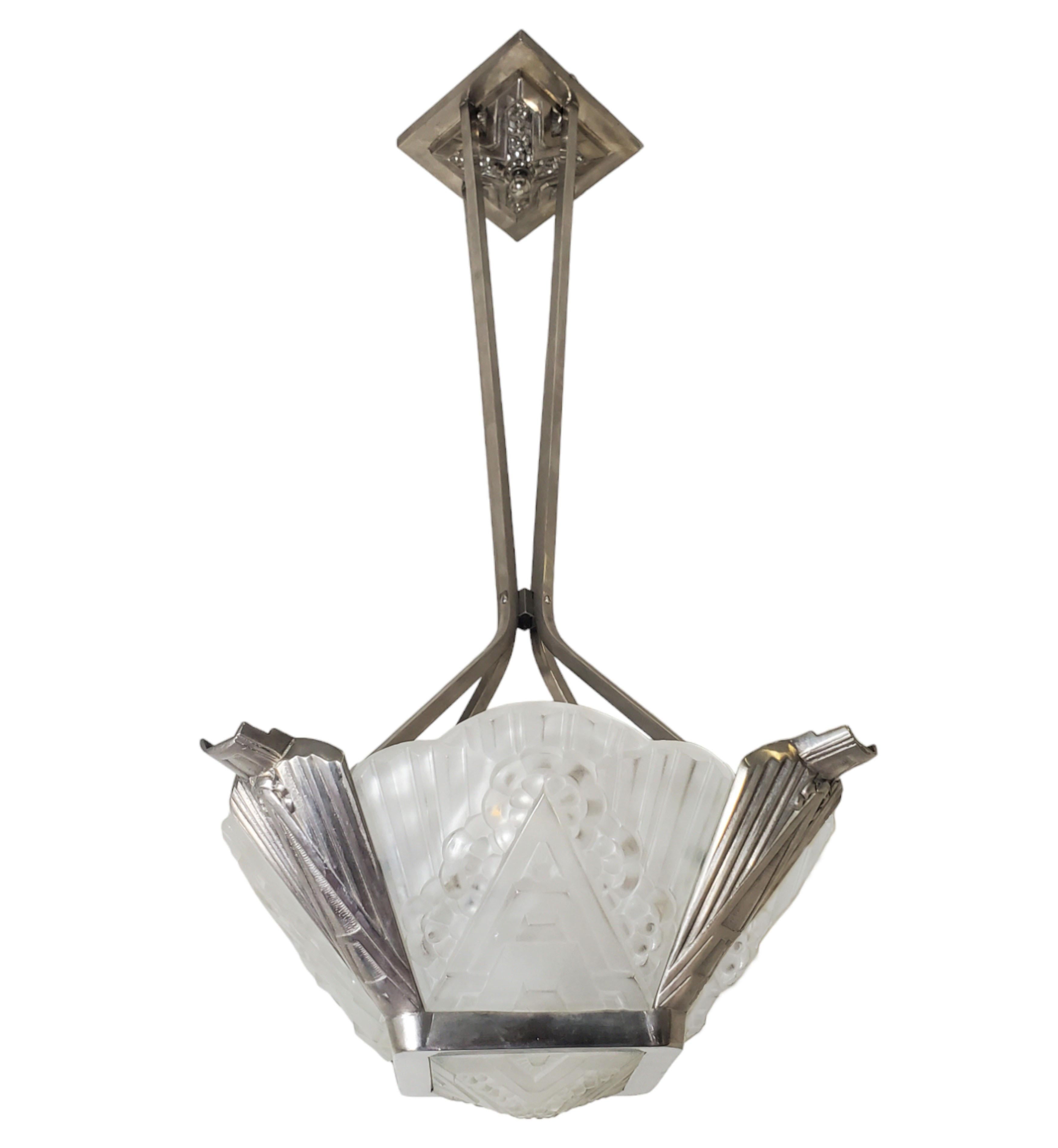 French Chandelier w/ frosted art glass panels + nickeled bronze frame J. Robert  For Sale 6