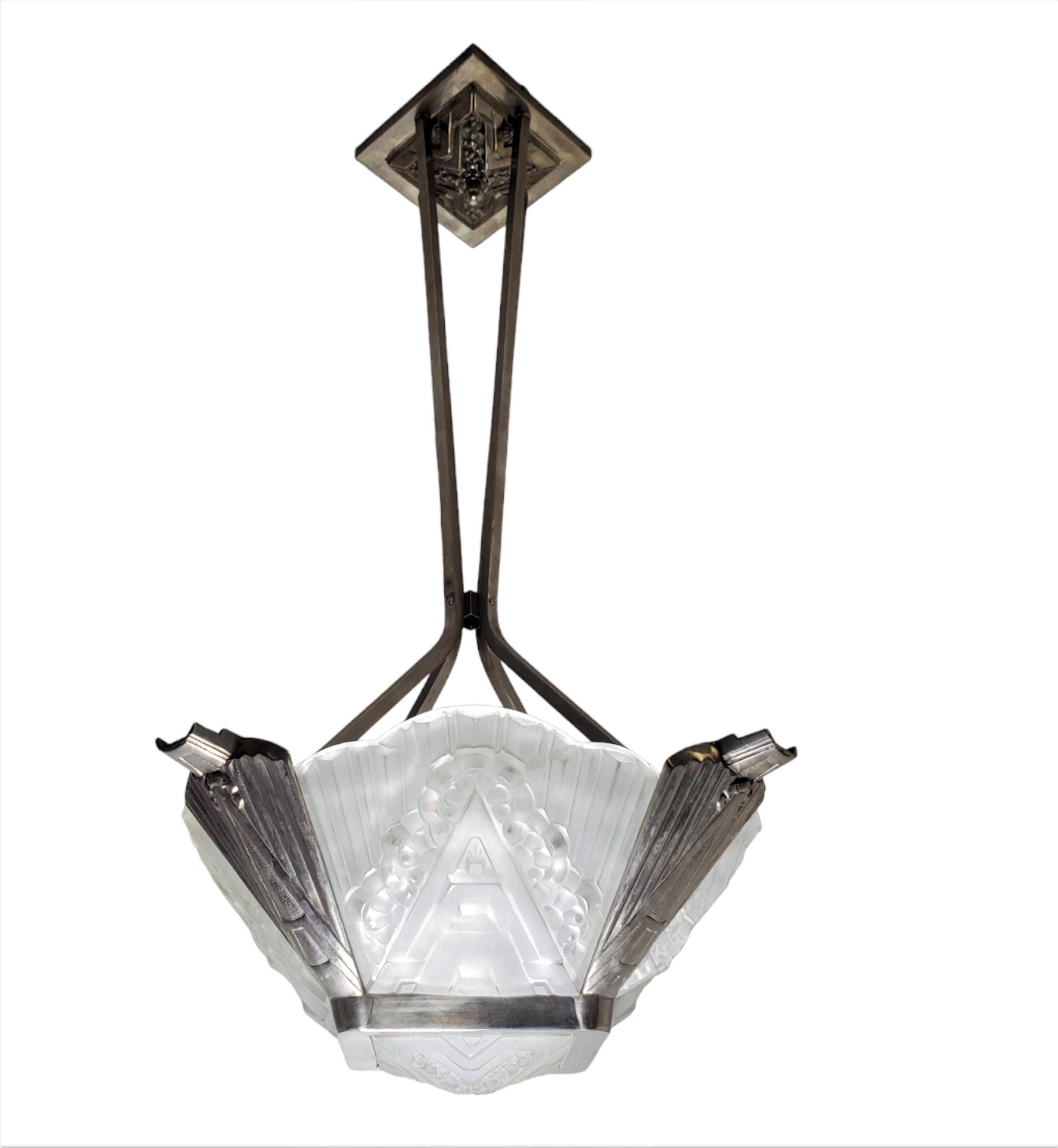French Chandelier w/ frosted art glass panels + nickeled bronze frame J. Robert  For Sale 7