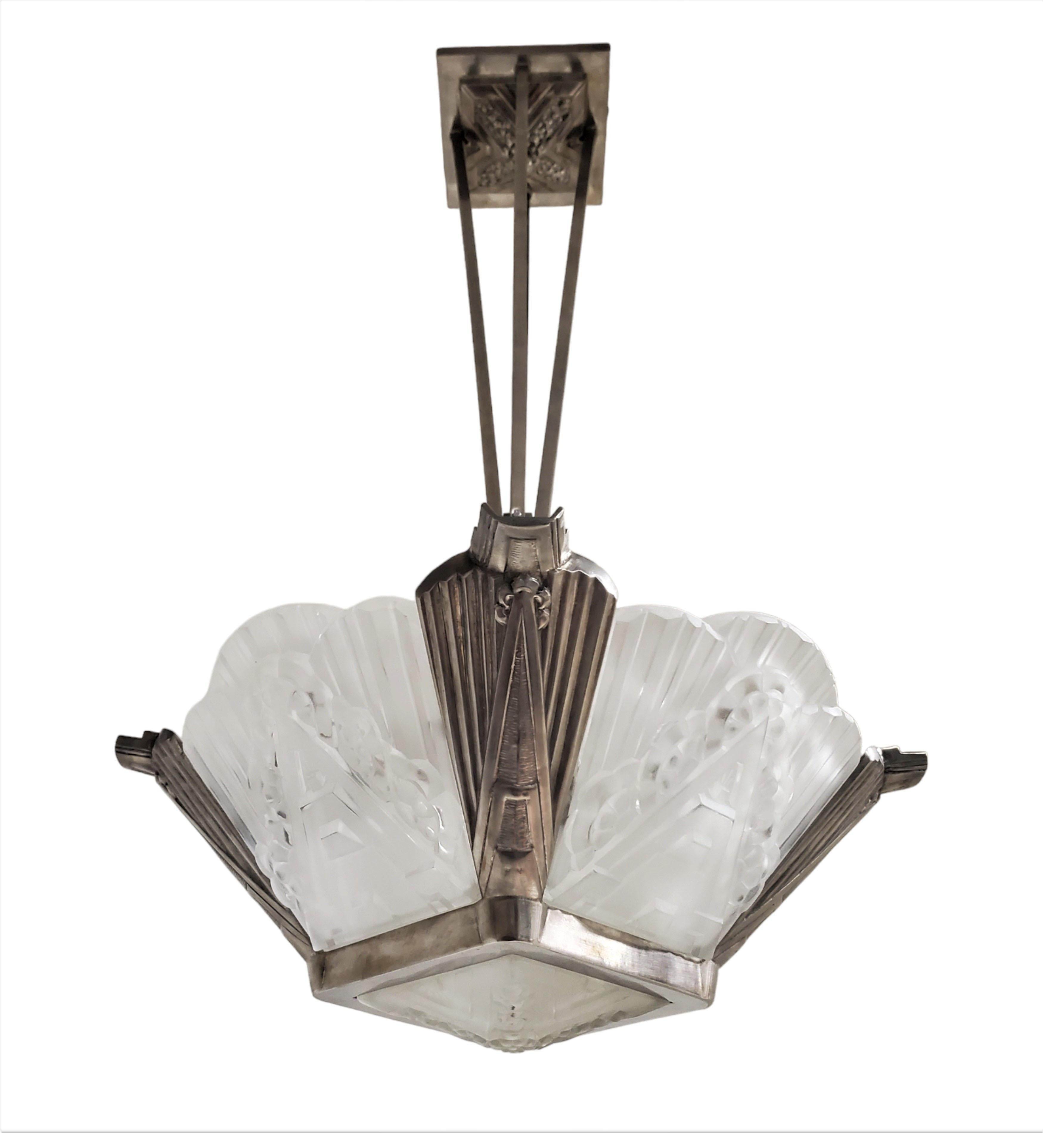 French Chandelier w/ frosted art glass panels + nickeled bronze frame J. Robert  For Sale 9