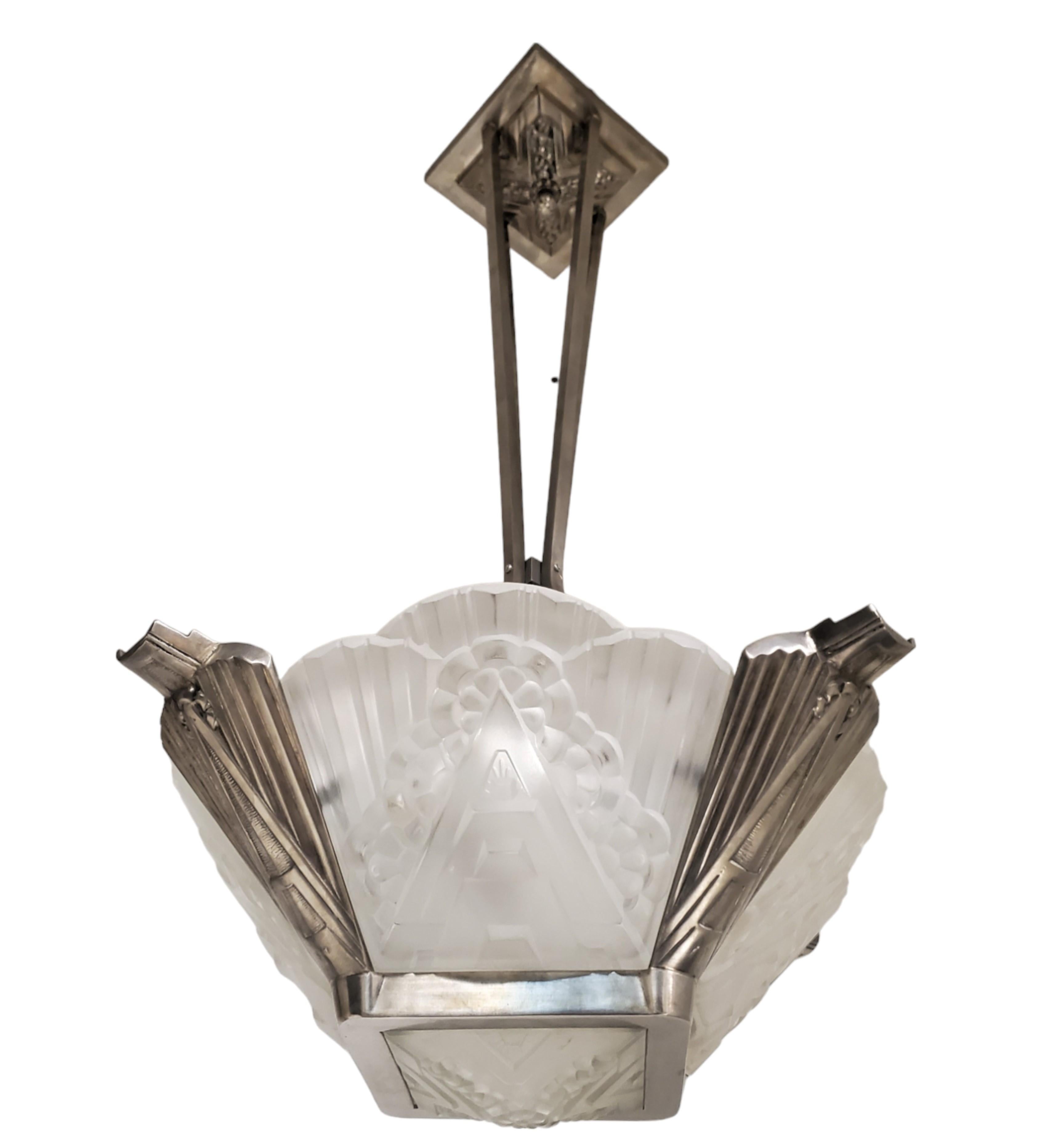French Chandelier w/ frosted art glass panels + nickeled bronze frame J. Robert  For Sale 11
