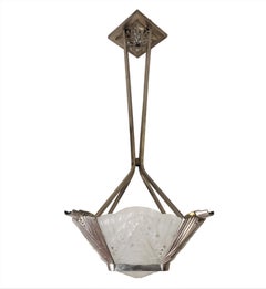 French Chandelier w/ frosted art glass panels + nickeled bronze frame J. Robert