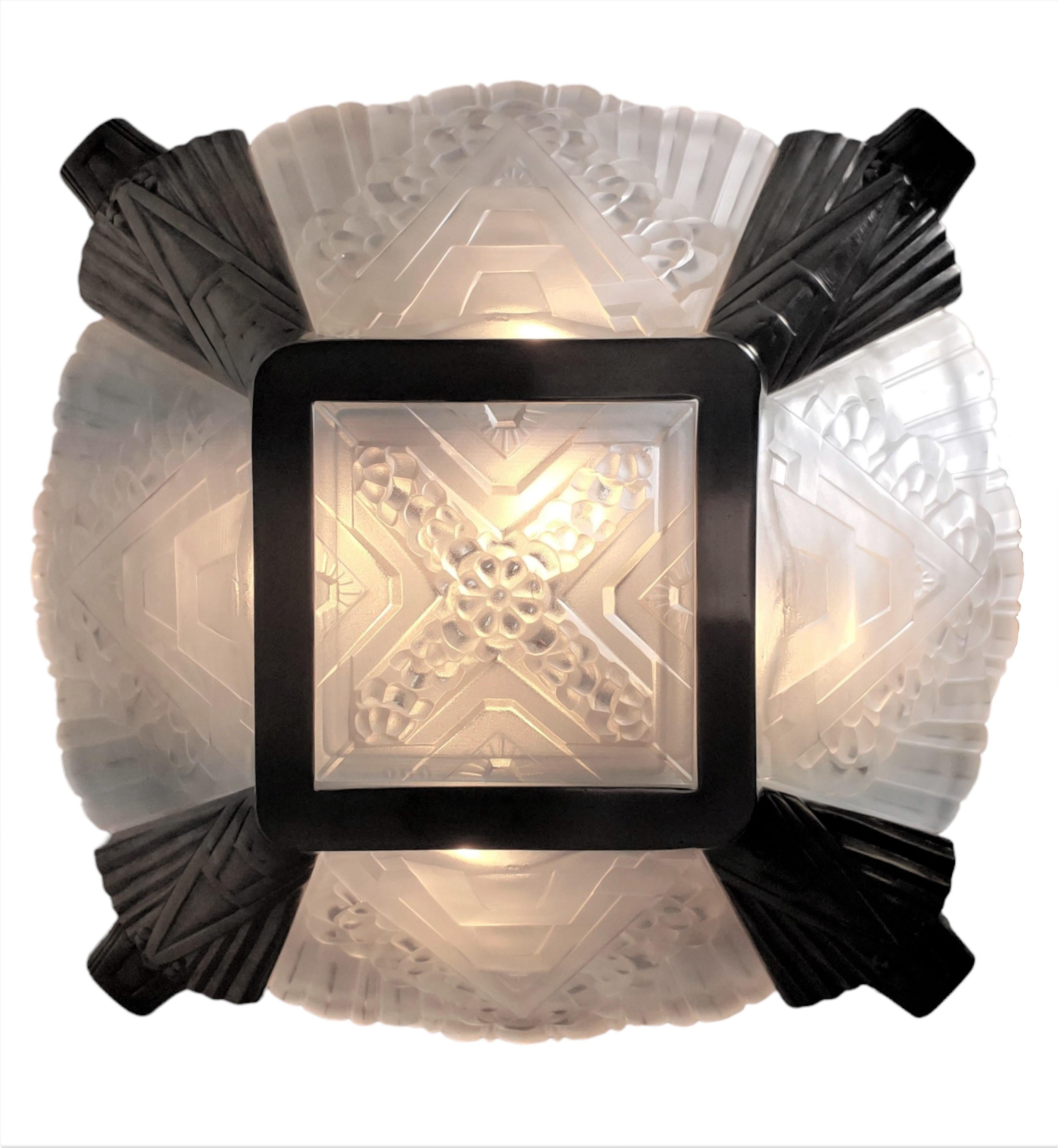 Art Deco French Chandelier w/ frosted art glass panels + nickeled bronze frame J. Robert  For Sale