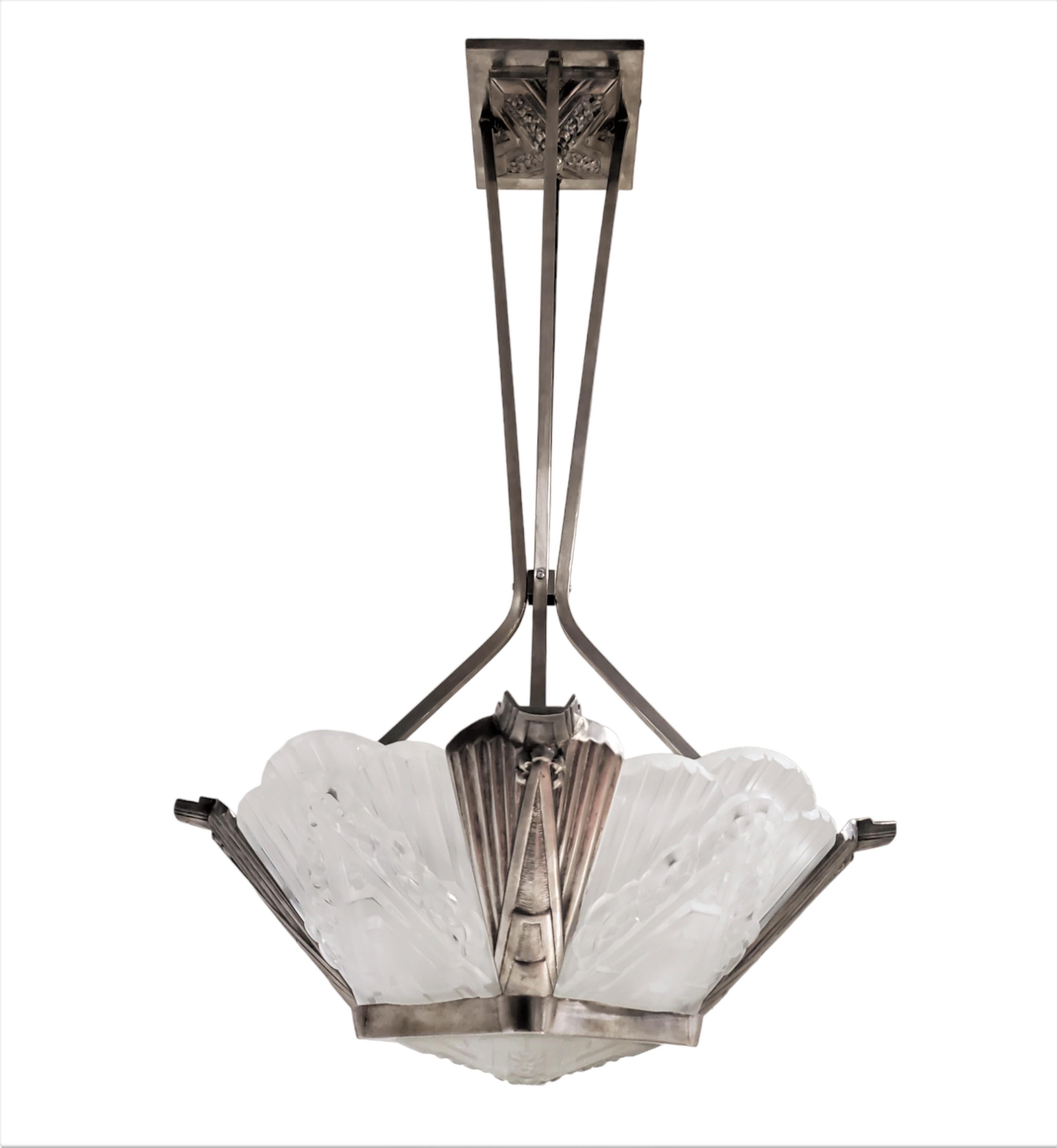 20th Century French Chandelier w/ frosted art glass panels + nickeled bronze frame J. Robert  For Sale