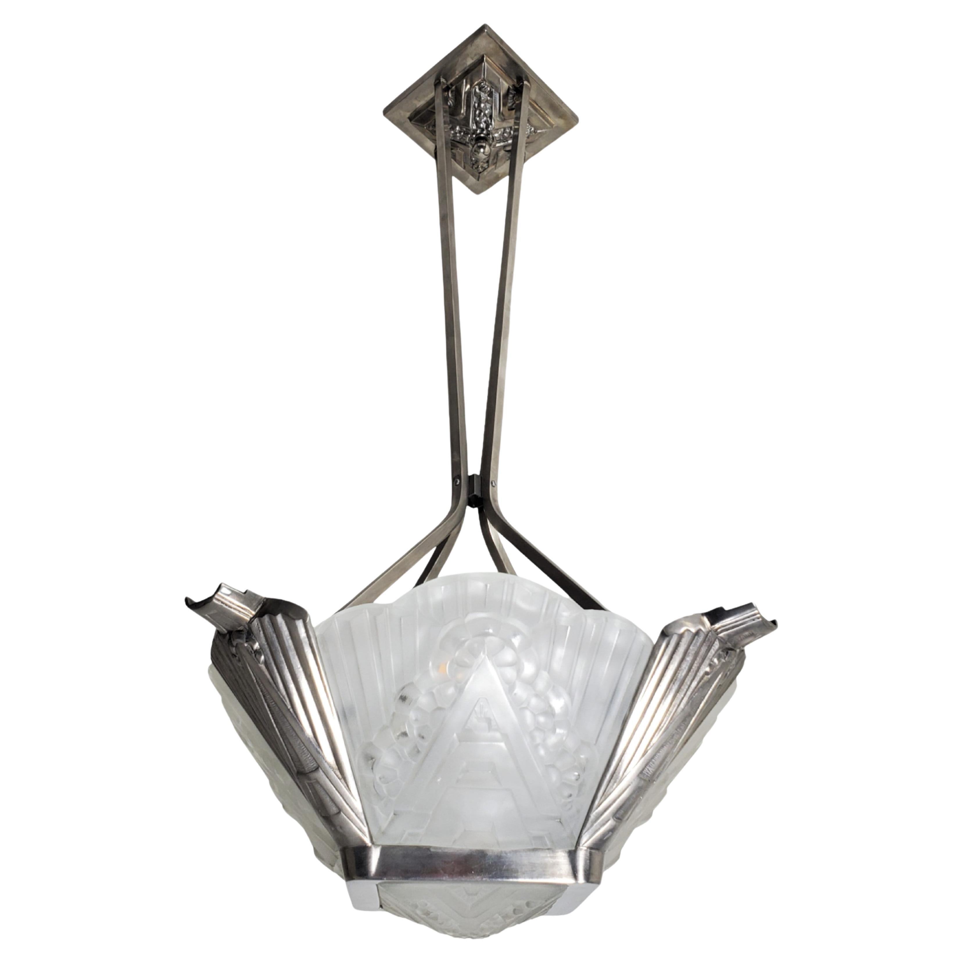French Chandelier w/ frosted art glass panels + nickeled bronze frame J. Robert  For Sale
