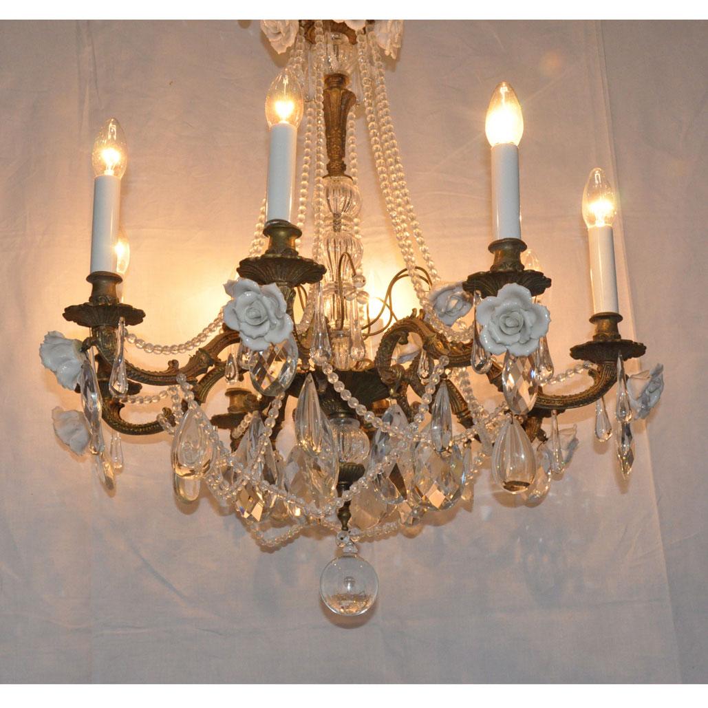 Art Nouveau French  Crystal Chandelier with Porcelain Roses For Sale