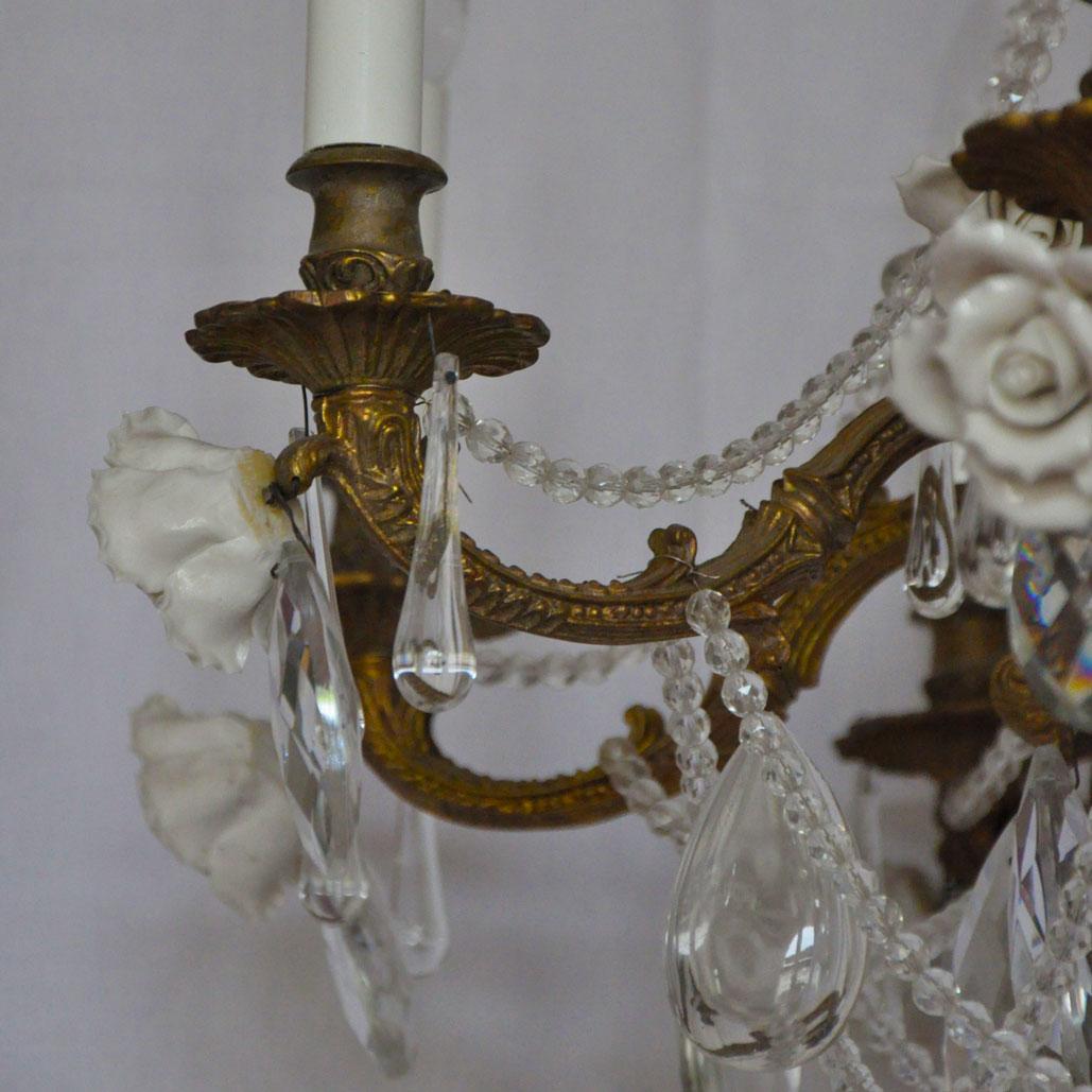 Gilt French  Crystal Chandelier with Porcelain Roses For Sale