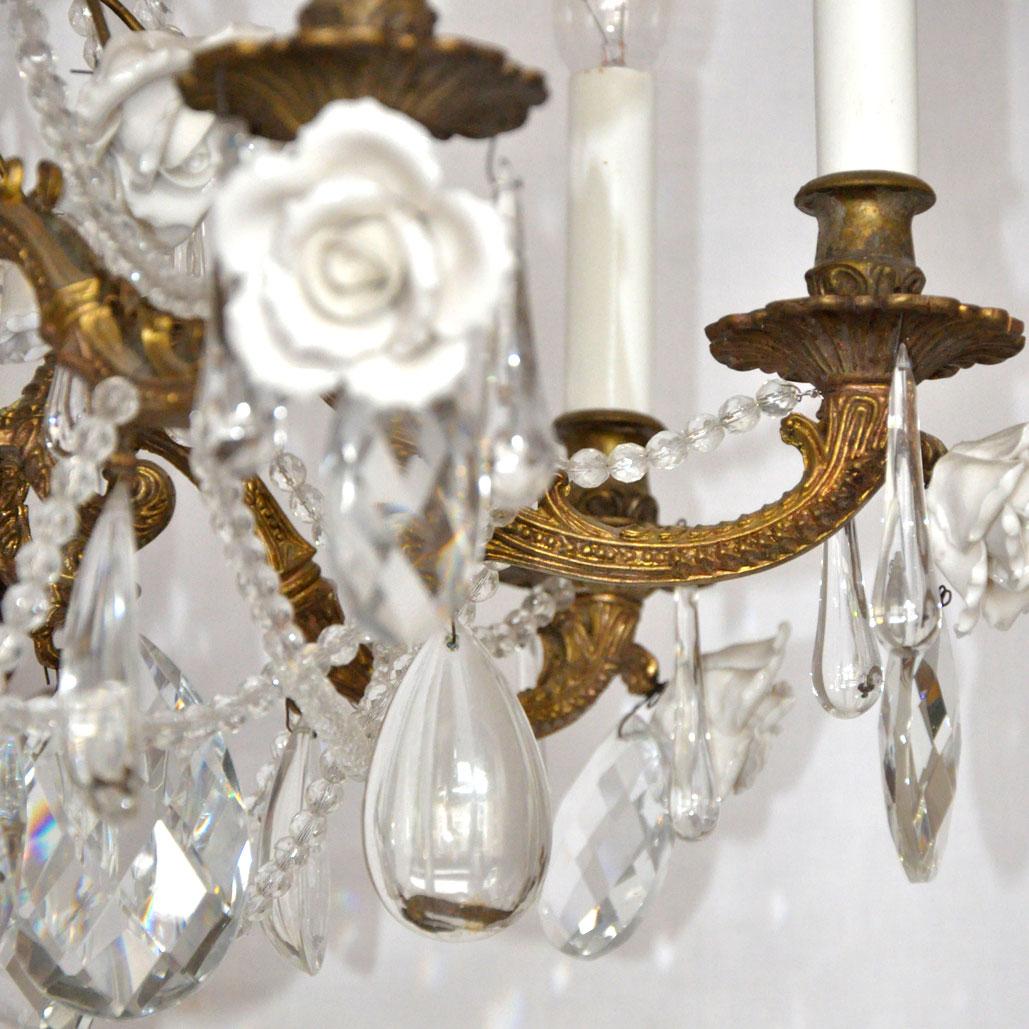 Mid-20th Century French  Crystal Chandelier with Porcelain Roses For Sale