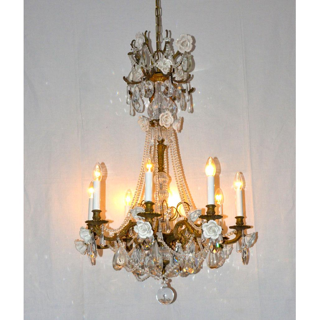 Bronze French  Crystal Chandelier with Porcelain Roses For Sale