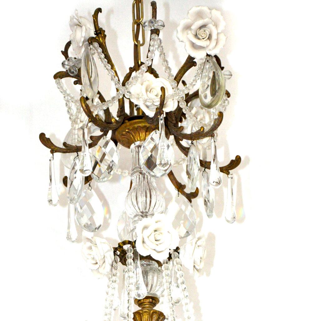 French  Crystal Chandelier with Porcelain Roses For Sale 1