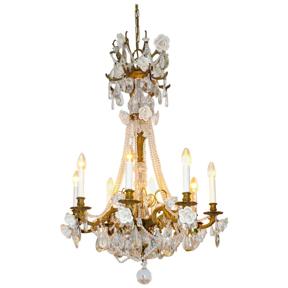 French  Crystal Chandelier with Porcelain Roses For Sale