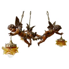 Vintage French Chandelier with Three Cherubs Holding the Lights
