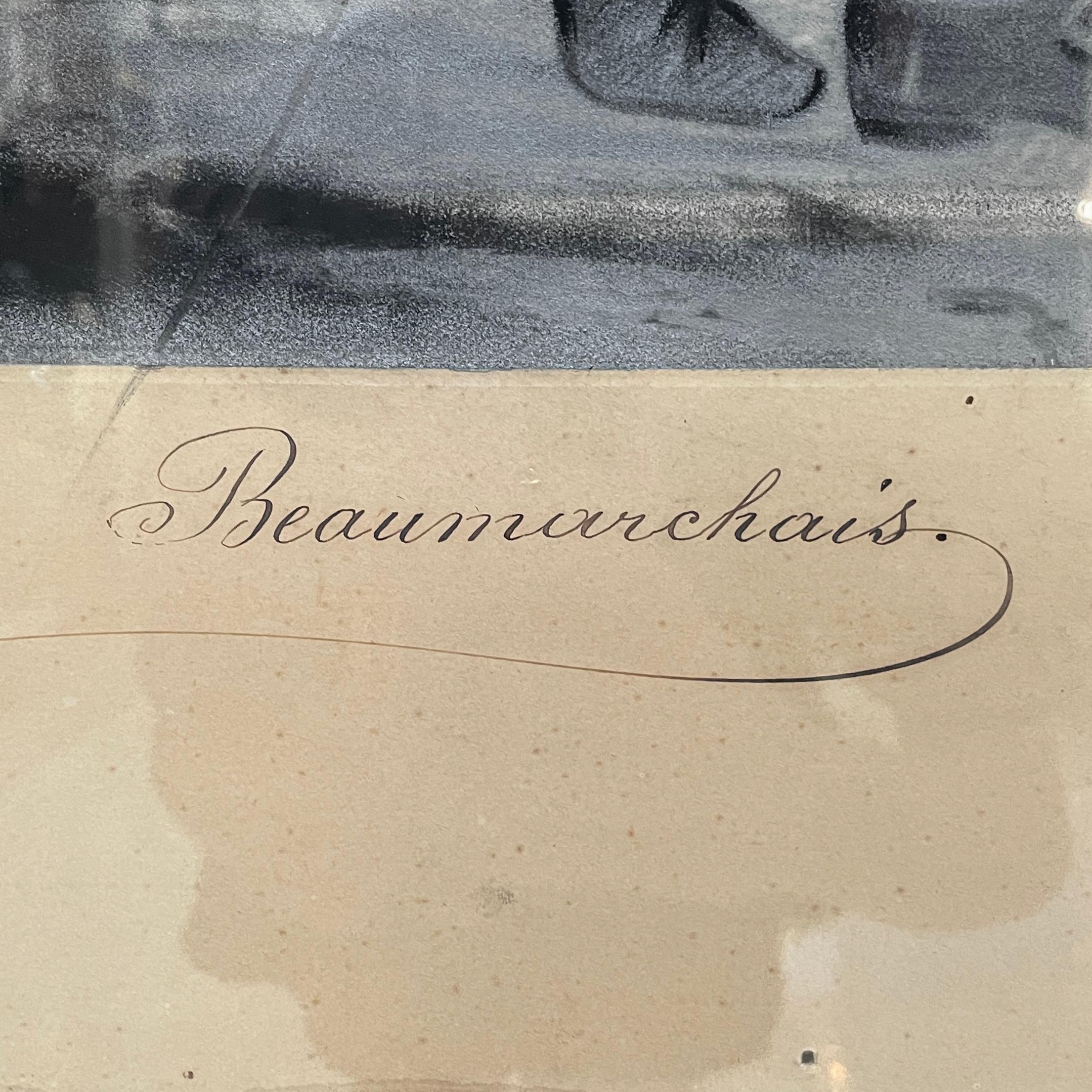Französisches Kohle-Gemälde auf Papier von Beaumarchais in Holzrahmen, Mitte der 1800er Jahre im Angebot 2