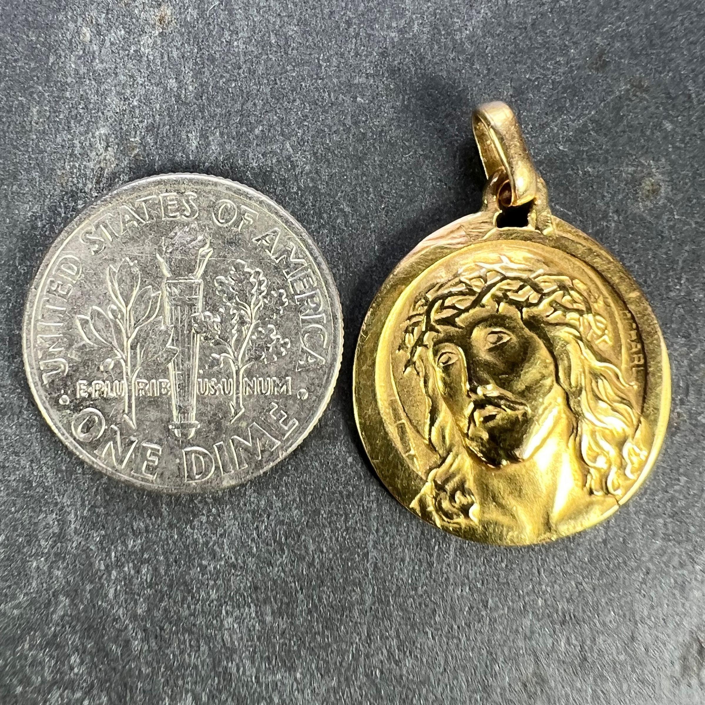 French Charl 18K Yellow Gold Jesus Christ Crown of Thorns Medal Charm Pendant For Sale 6