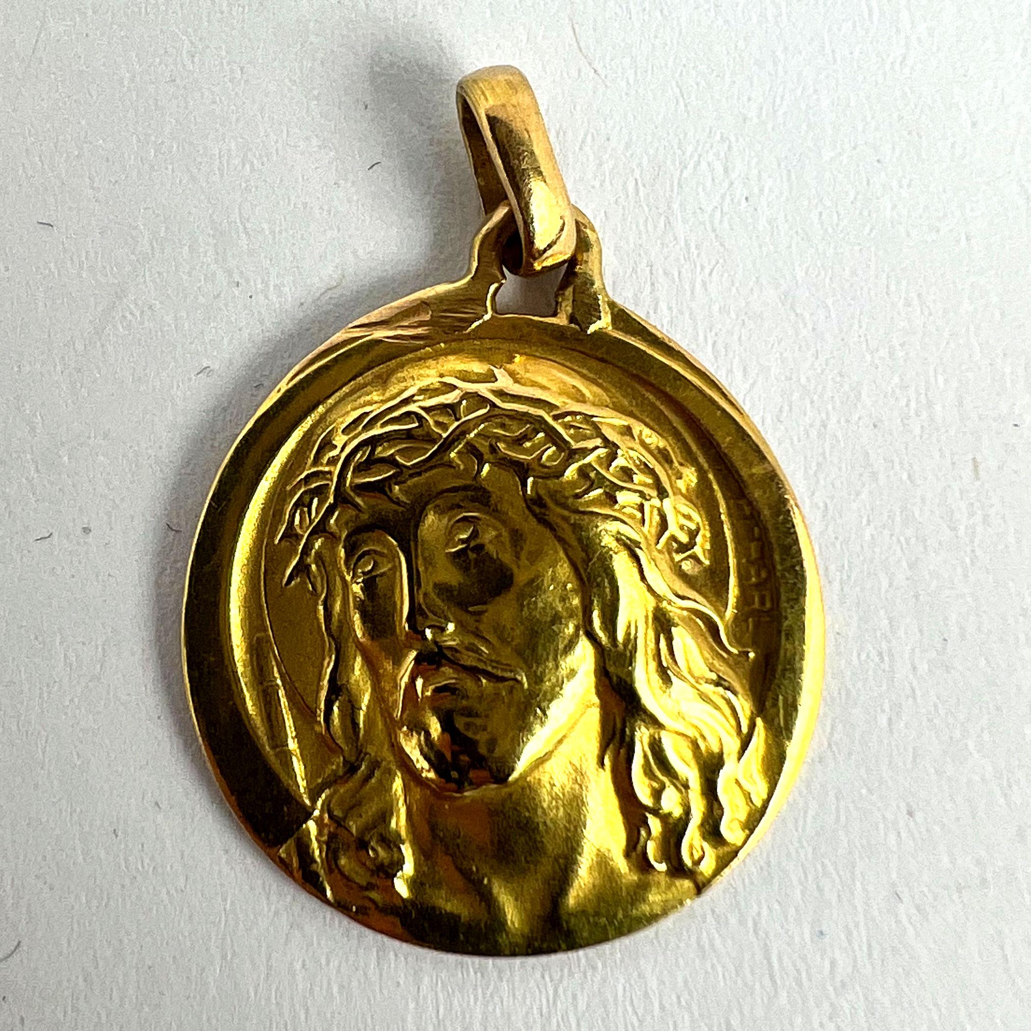 French Charl 18K Yellow Gold Jesus Christ Crown of Thorns Medal Charm Pendant For Sale 7