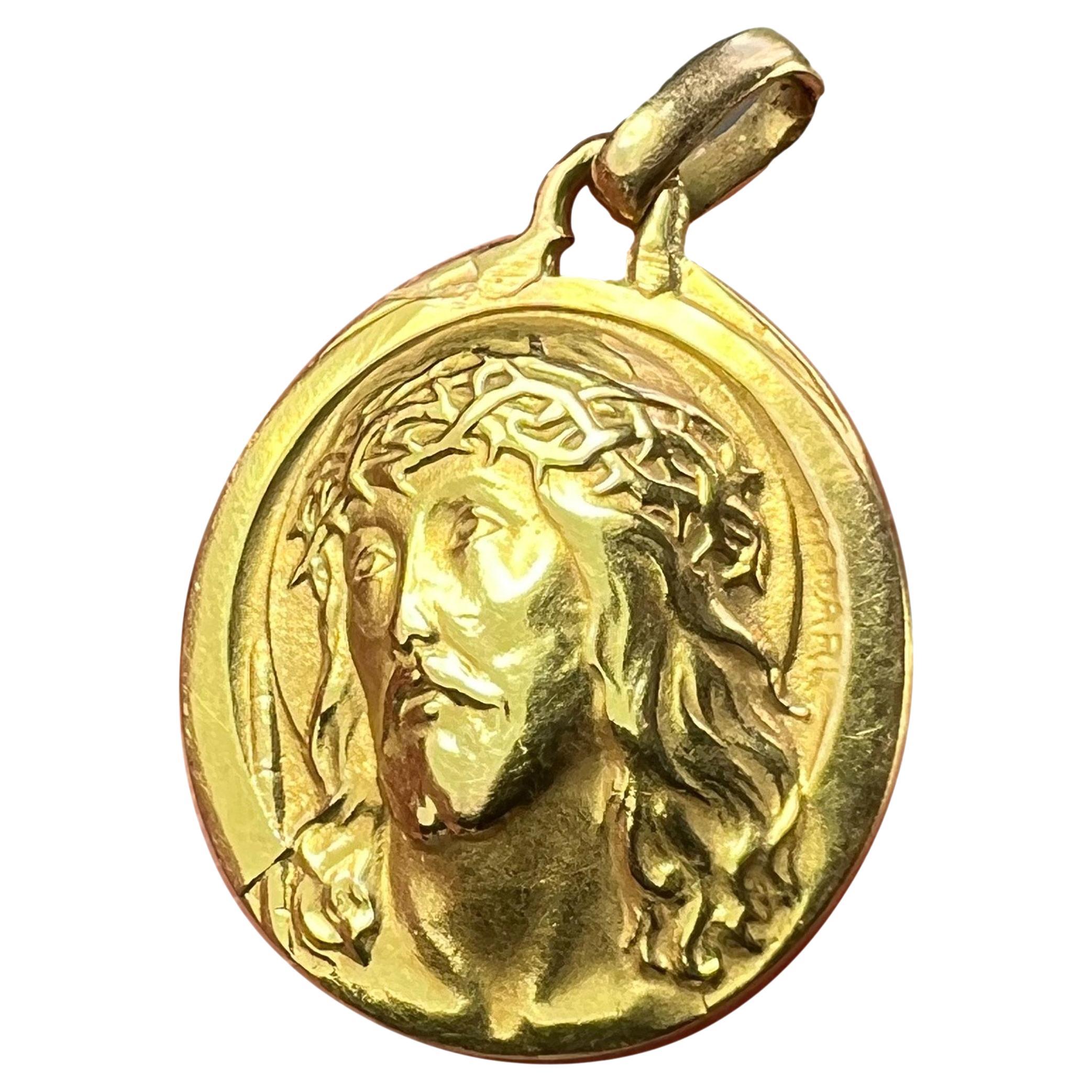 French Charl 18K Yellow Gold Jesus Christ Crown of Thorns Medal Charm Pendant