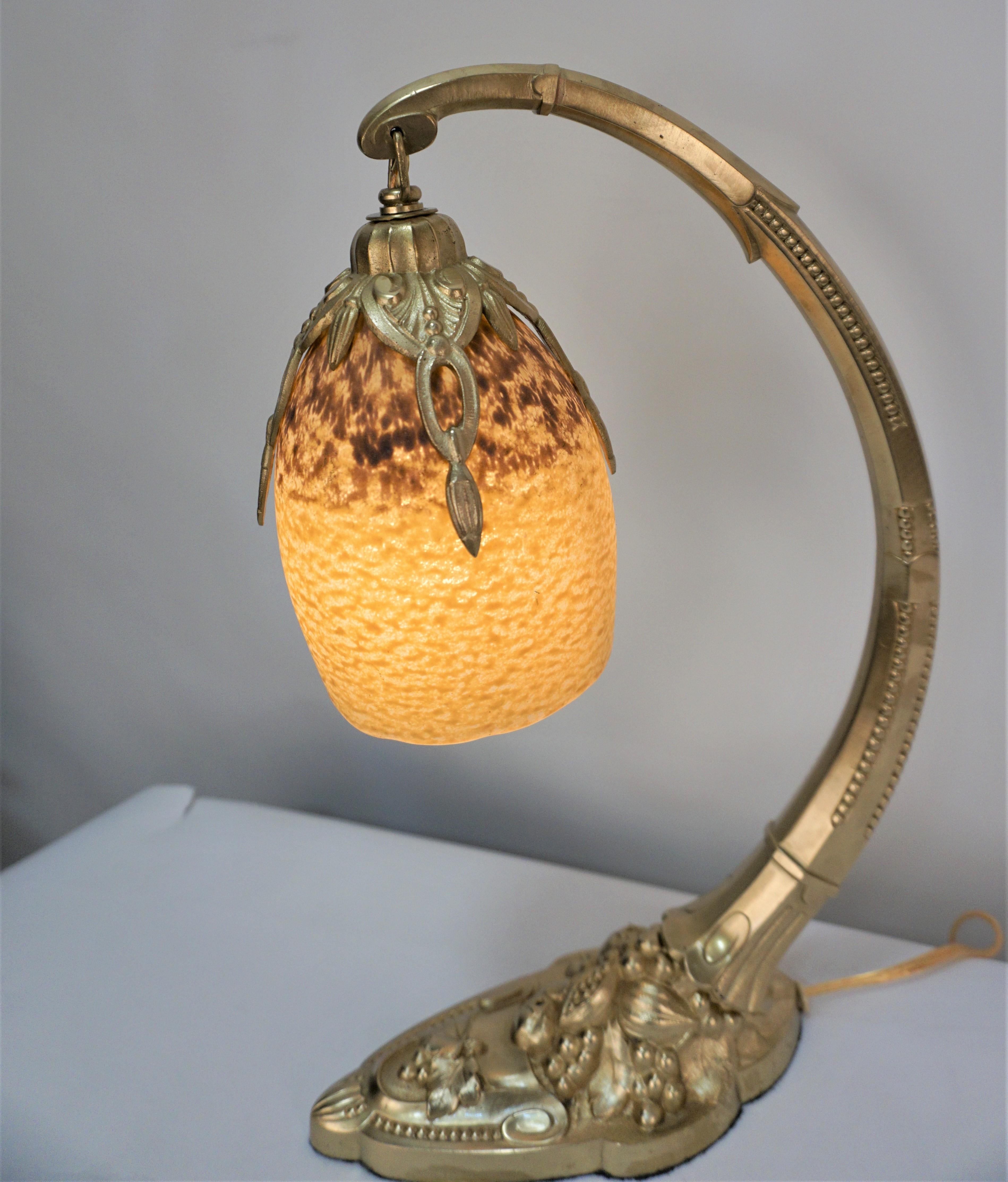 French Charles Ranc Art Deco Bronze Art Glass Table Lamp 2