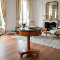 French Charles X Antique Burlwood Marble Drum Top Side or End Table