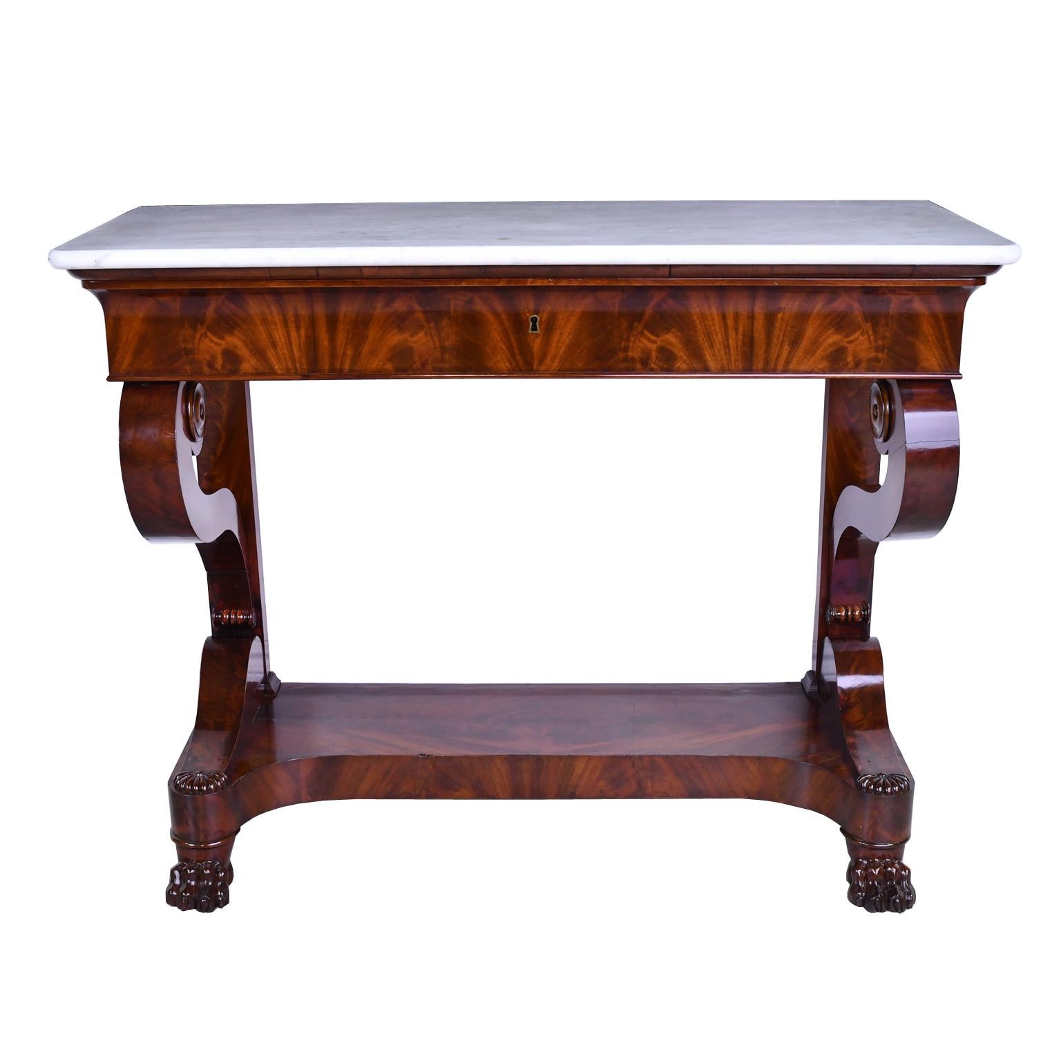 Hand-Carved French Charles X Console Table in West Indies Mahogany with White Marble