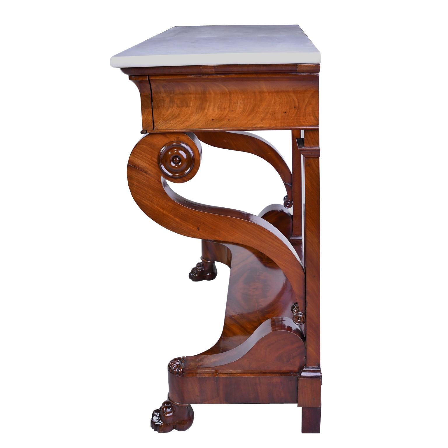 French Charles X Console Table in West Indies Mahogany with White Marble In Good Condition In Miami, FL