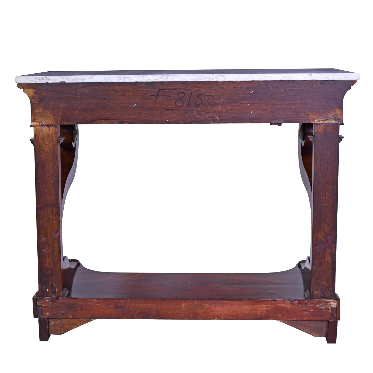 Early 19th Century French Charles X Console Table in West Indies Mahogany with White Marble