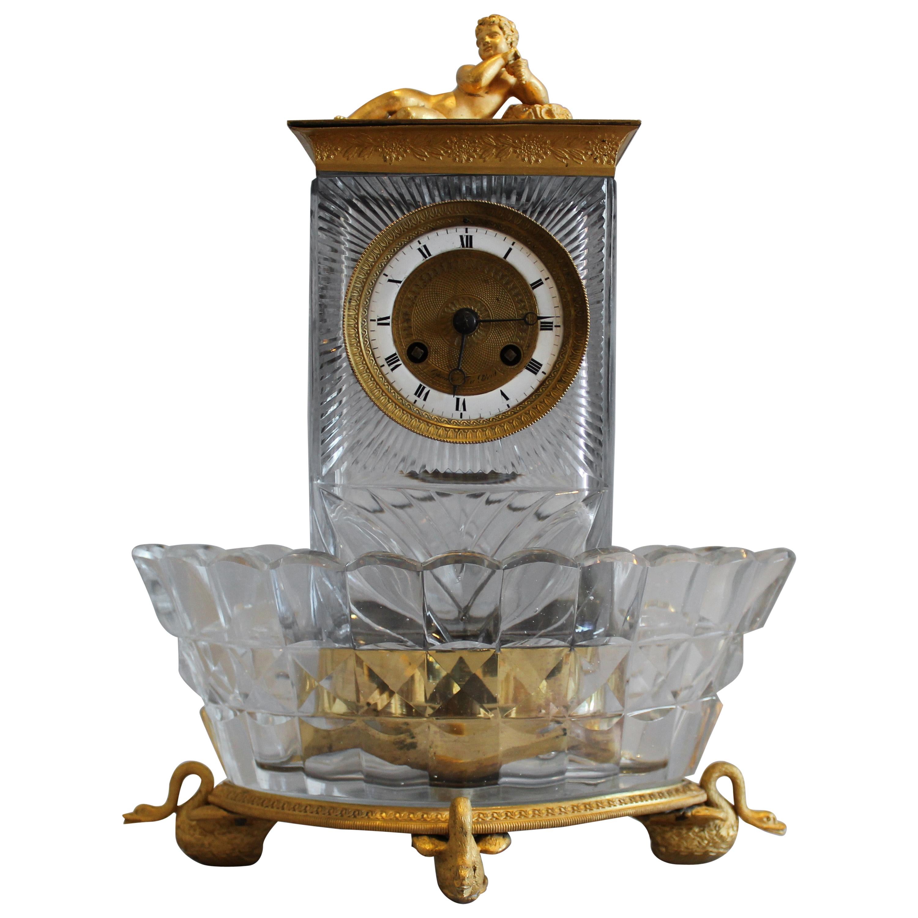 French Charles X Crystal and Ormolu Mantel Clock Signed Lepine et Cie a Paris