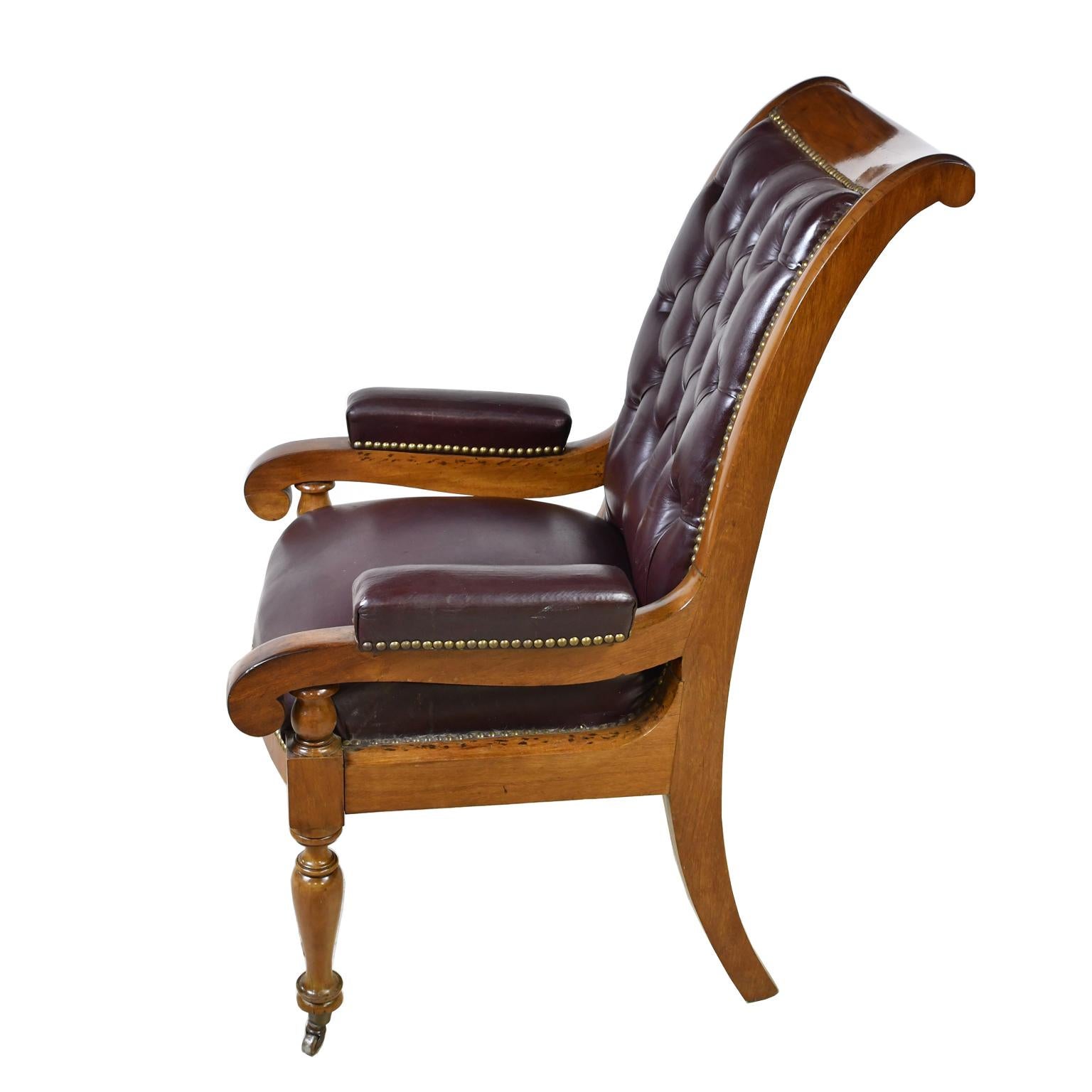 Polished French Charles X Desk Chair with Mahogany Frame and Tufted Leather, circa 1820