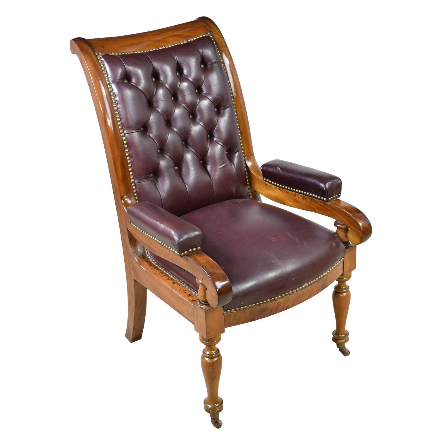 French Charles X Desk Chair with Mahogany Frame and Tufted Leather, circa 1820 3