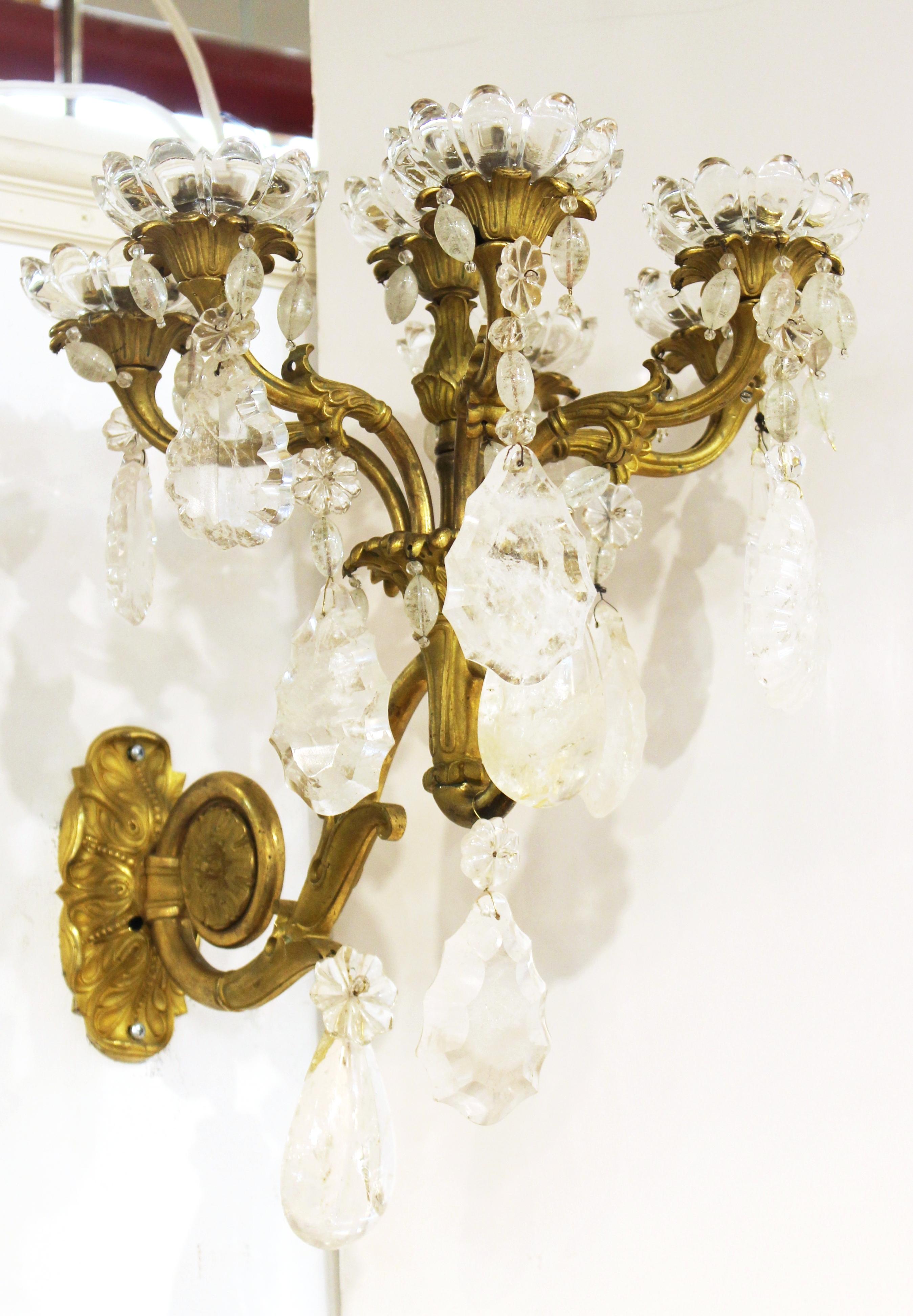 French Charles X Gilt Bronze & Rock Crystal Wall Sconces In Good Condition In New York, NY