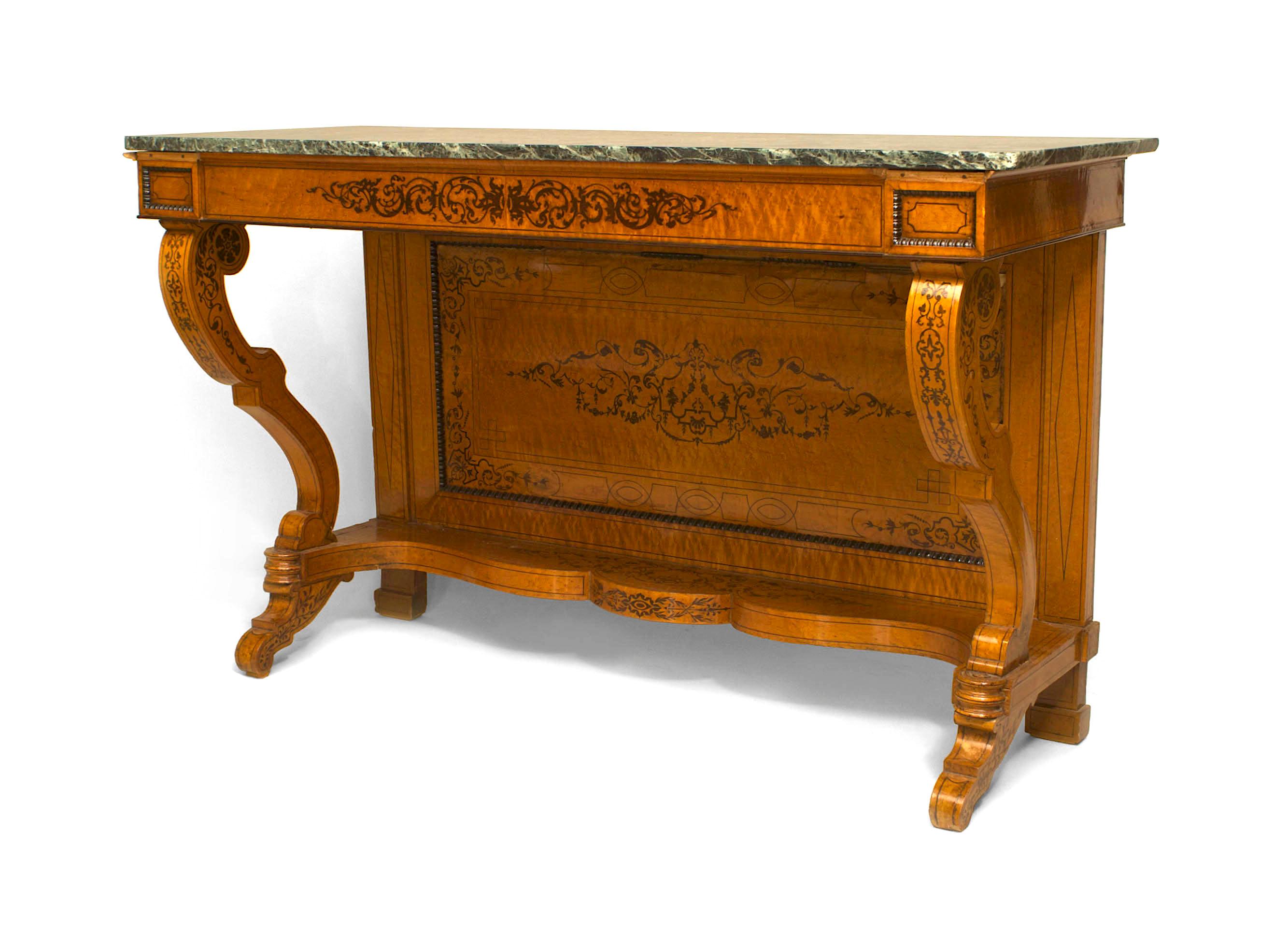 French Charles X bird's eye maple console table with amaranth marquetry inlaid back panel and trim with scroll sided and a platform base with a green marble top.
