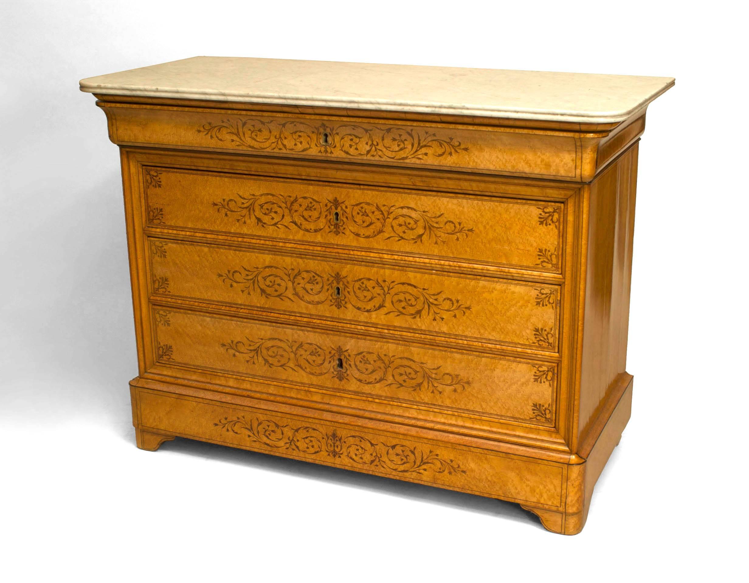 French Charles X bird's eye maple chest with 5 amaranth marquetry inlaid drawers and supporting a white marble top.
