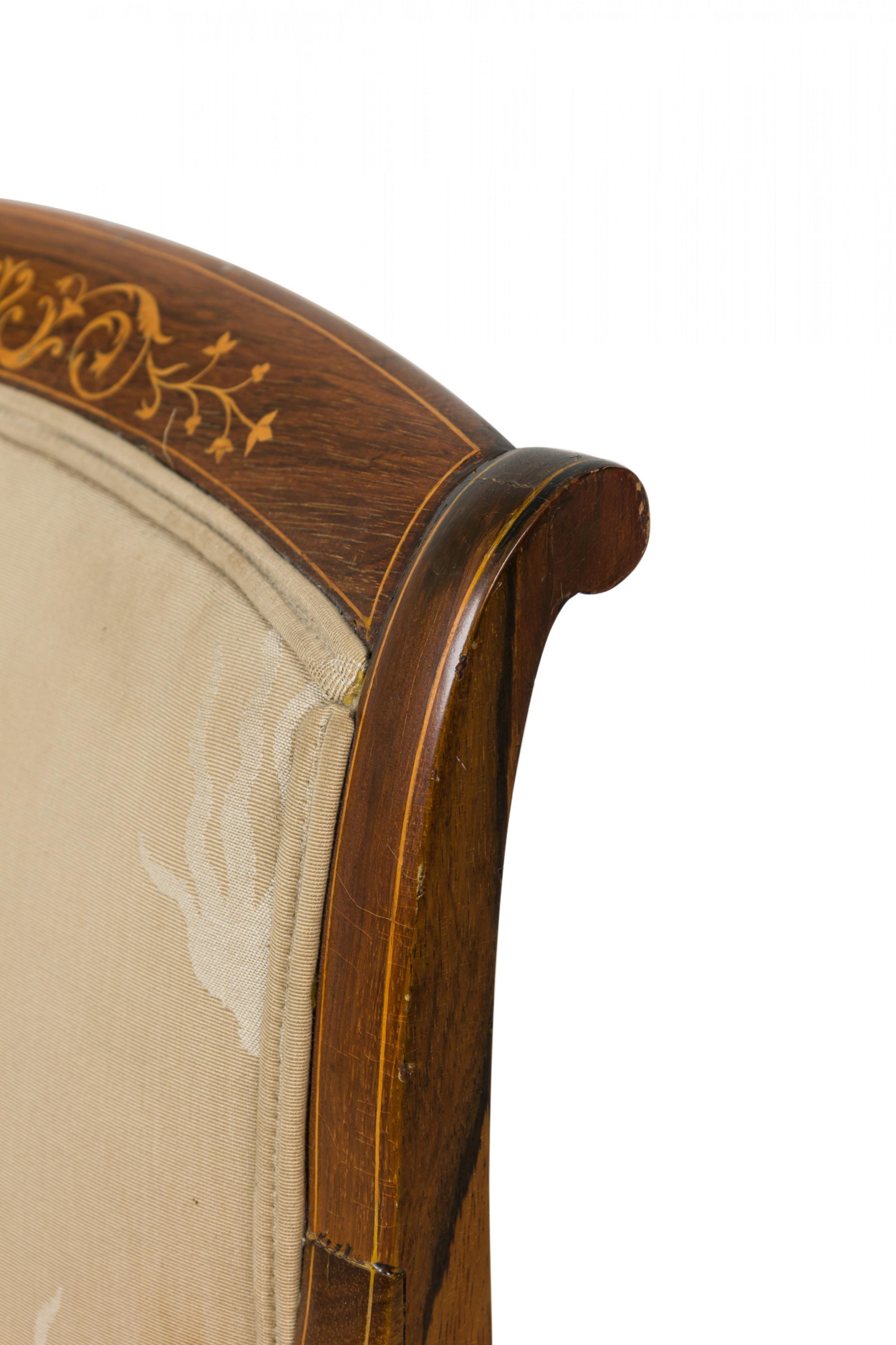 French Charles X Inlaid Mahogany and Walnut Open Armchair in Beige Upholstery For Sale 6