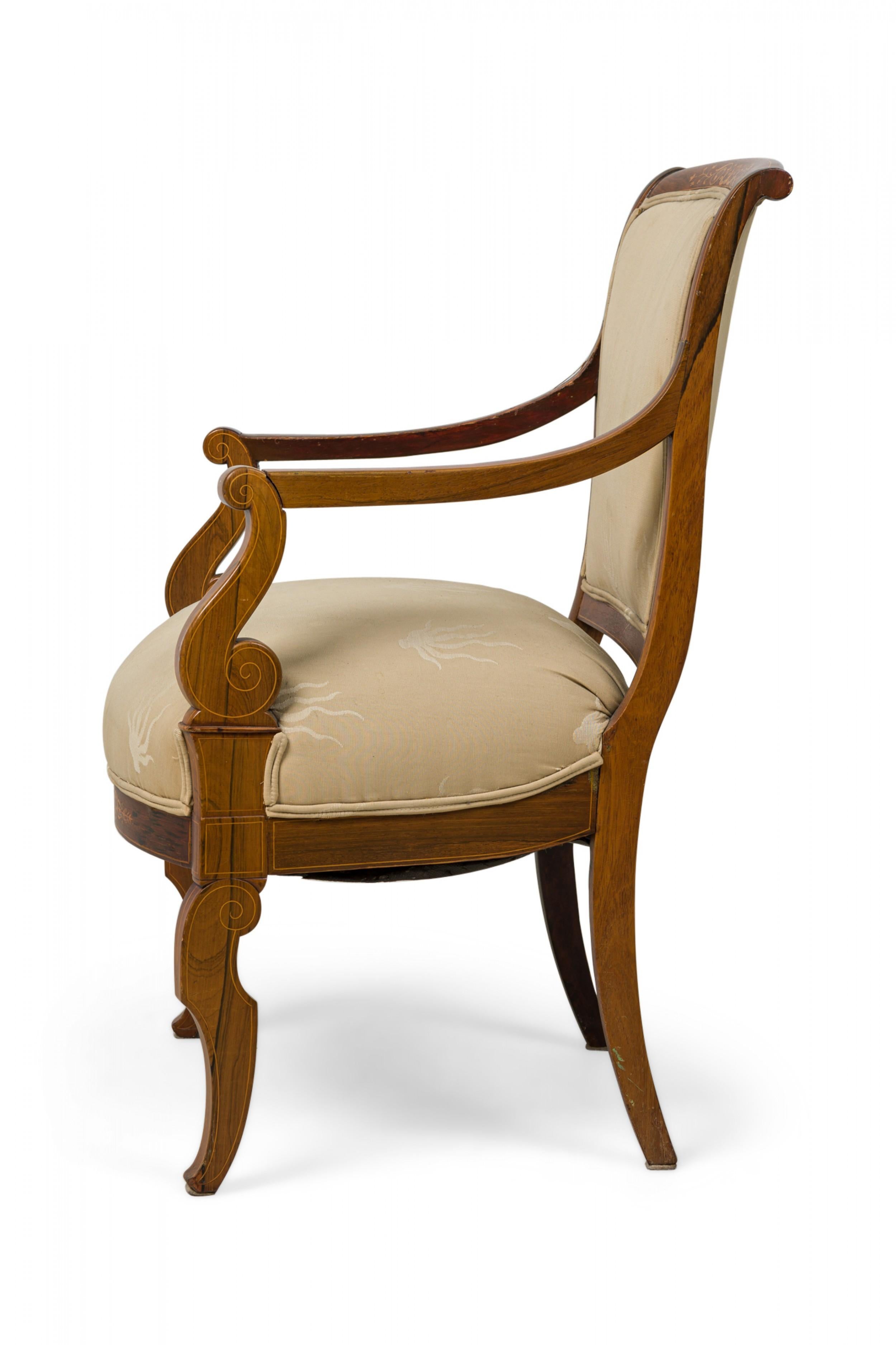 Inlay French Charles X Inlaid Mahogany and Walnut Open Armchair in Beige Upholstery For Sale